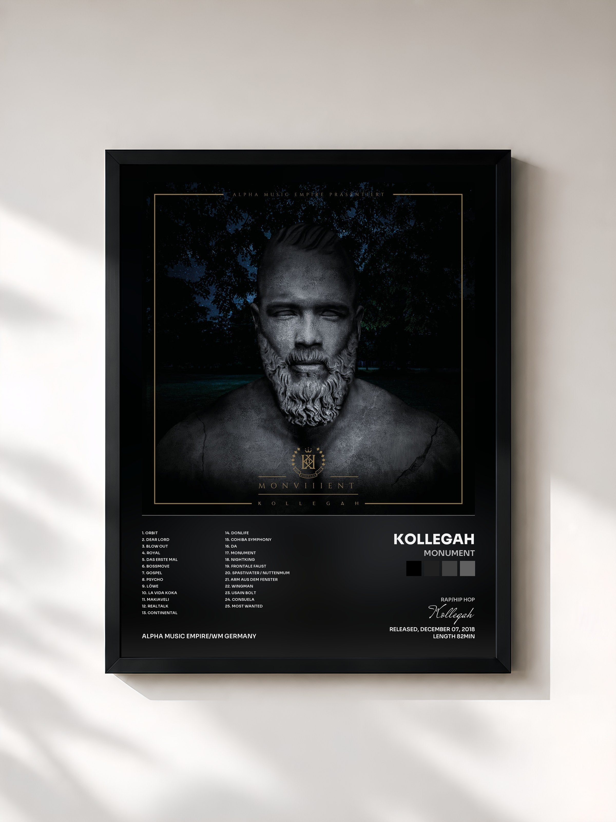 #noir Tableau de l'album Monument de Kollegah, cadre noir, imprimé et encadré en France