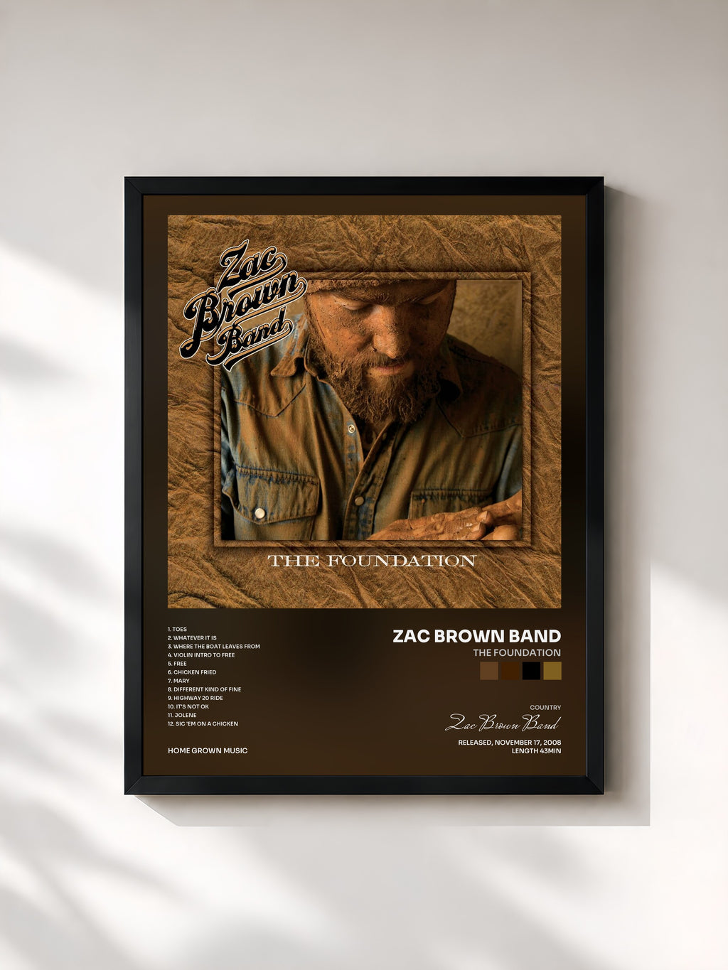 #noir Tableau de l'album The Foundation de Zac Brown Band, cadre noir, imprimé et encadré en France