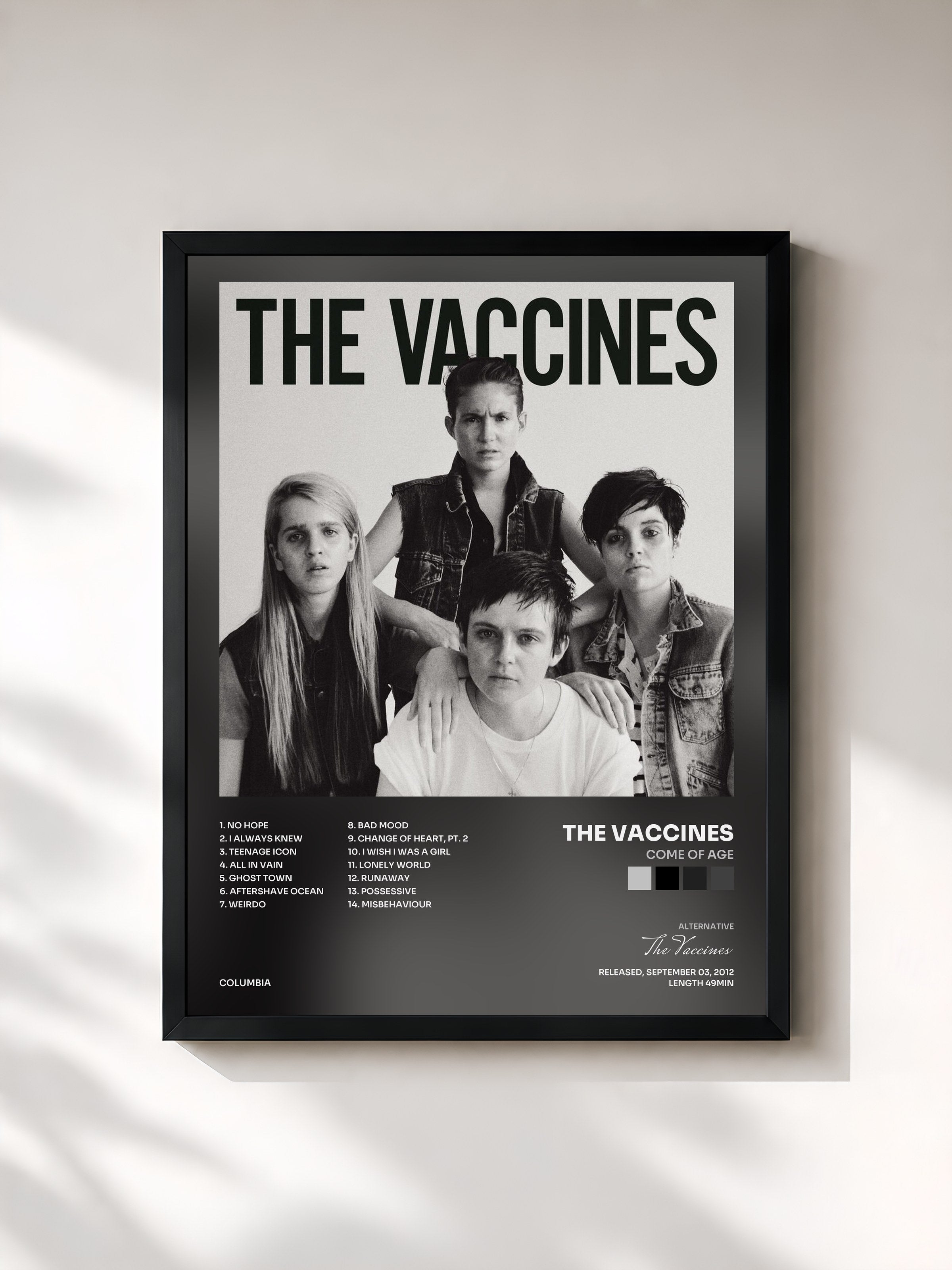 #noir Tableau de l'album Come Of Age de The Vaccines, cadre noir, imprimé et encadré en France