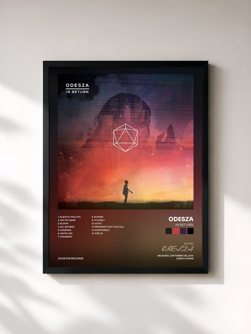 #noir Tableau de l'album In Return de ODESZA, cadre noir, imprimé et encadré en France