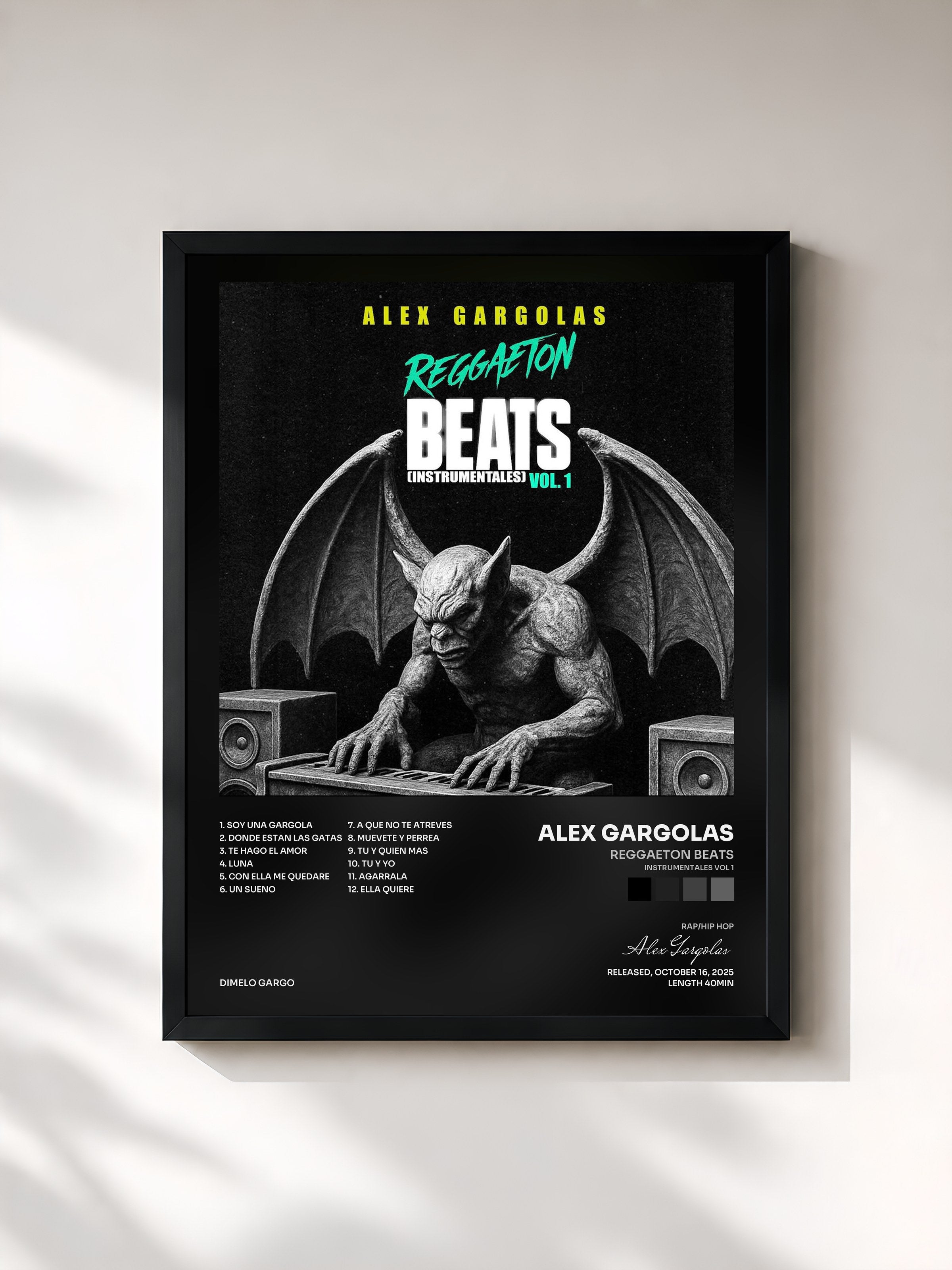 #noir Tableau de l'album Reggaeton Beats (Instrumentales Vol 1) de Alex Gargolas, cadre noir, imprimé et encadré en France