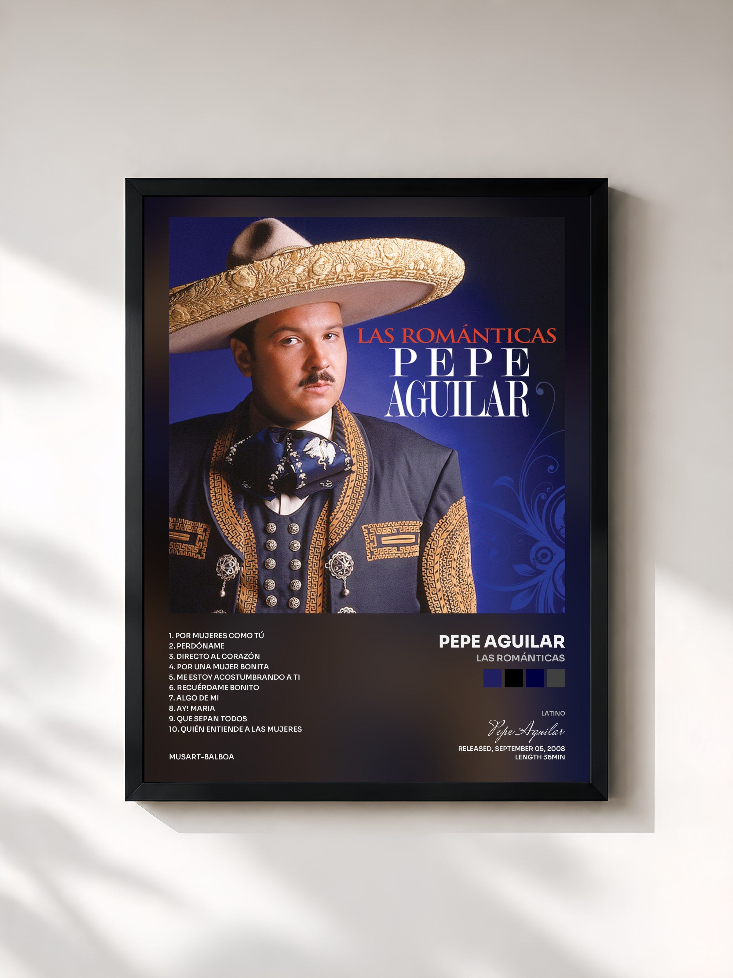 #noir Tableau de l'album Las Románticas de Pepe Aguilar, cadre noir, imprimé et encadré en France