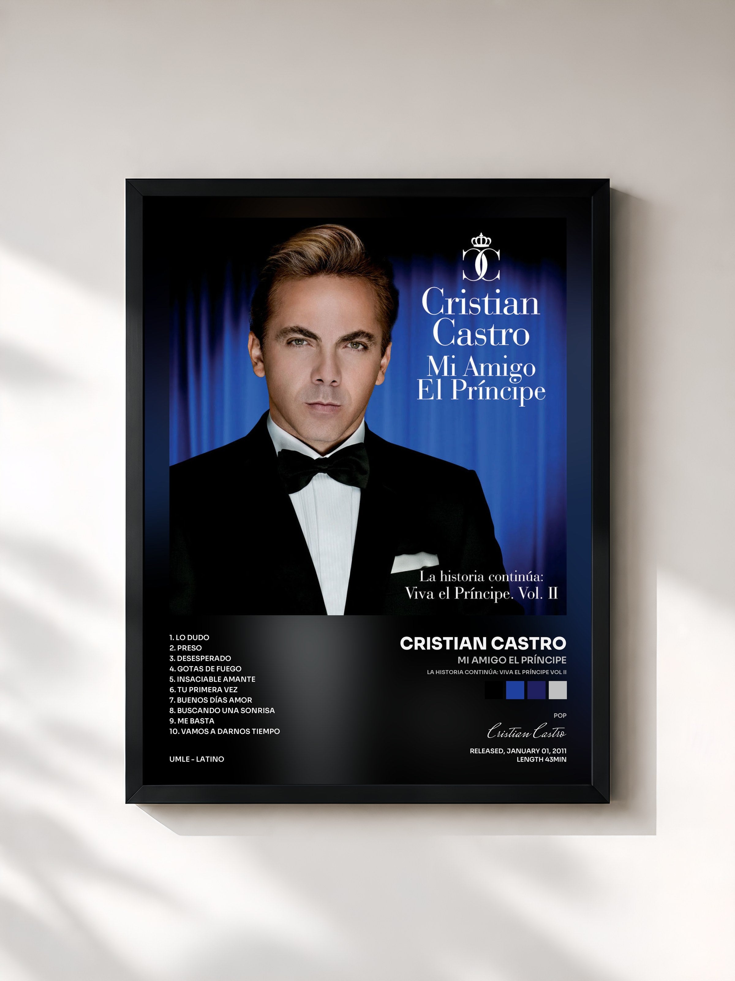 #noir Tableau de l'album Mi Amigo El Príncipe (La Historia Continúa: Viva El Príncipe Vol II) de Cristian Castro, cadre noir, imprimé et encadré en France