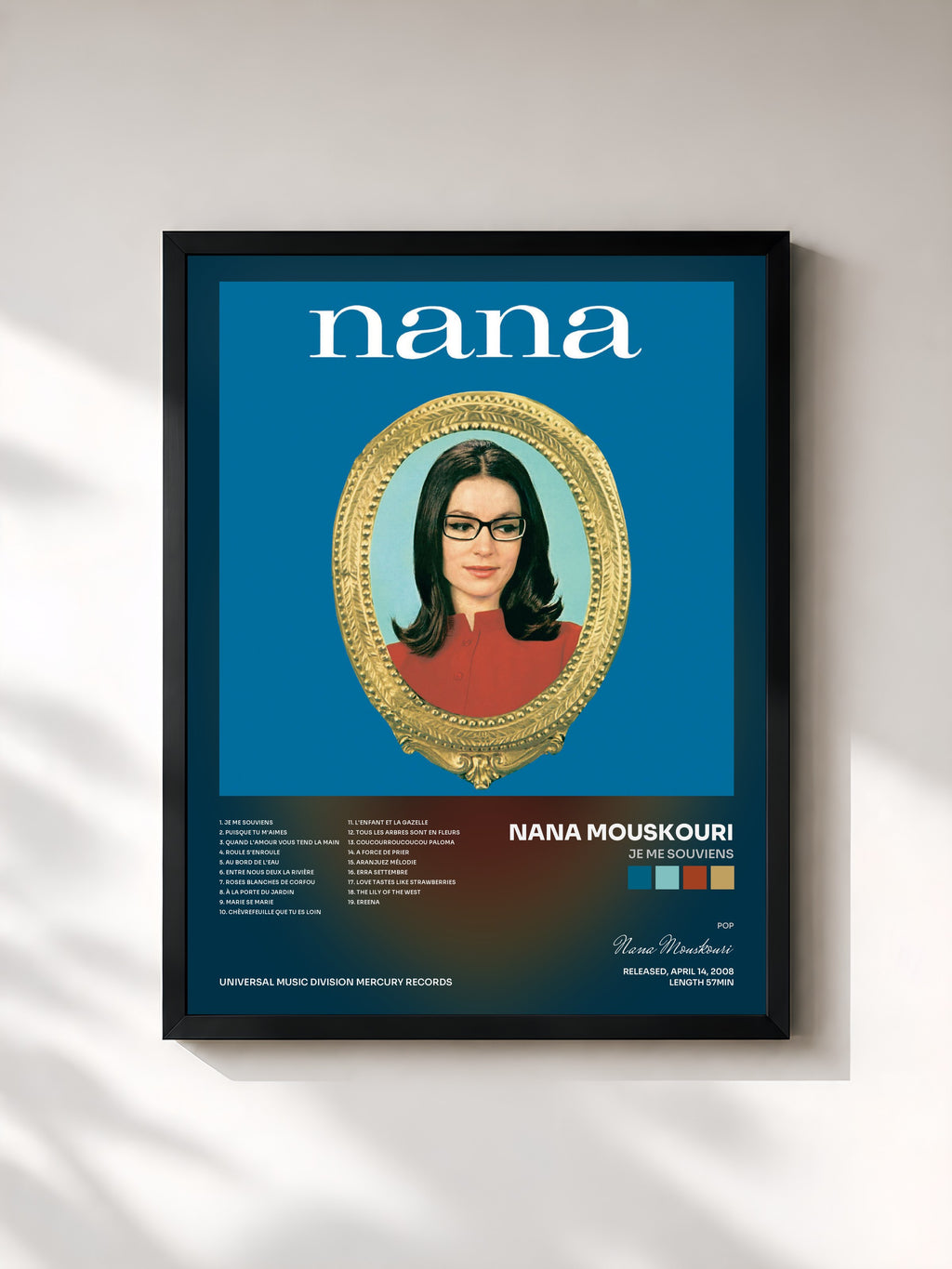 #noir Tableau de l'album Je Me Souviens de Nana Mouskouri, cadre noir, imprimé et encadré en France
