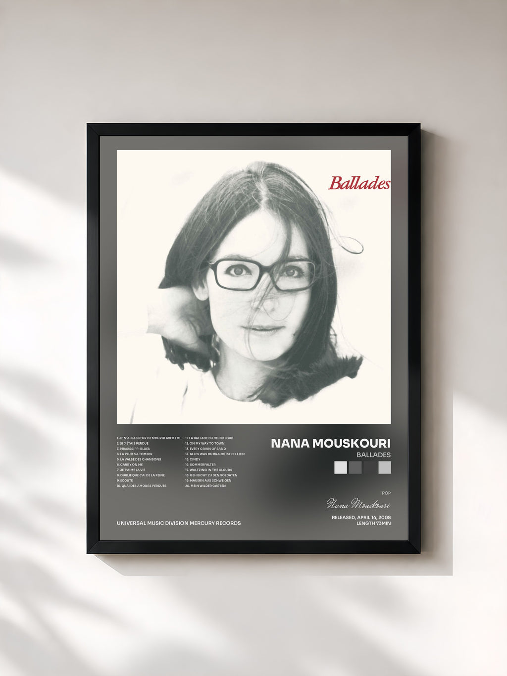 #noir Tableau de l'album Ballades de Nana Mouskouri, cadre noir, imprimé et encadré en France