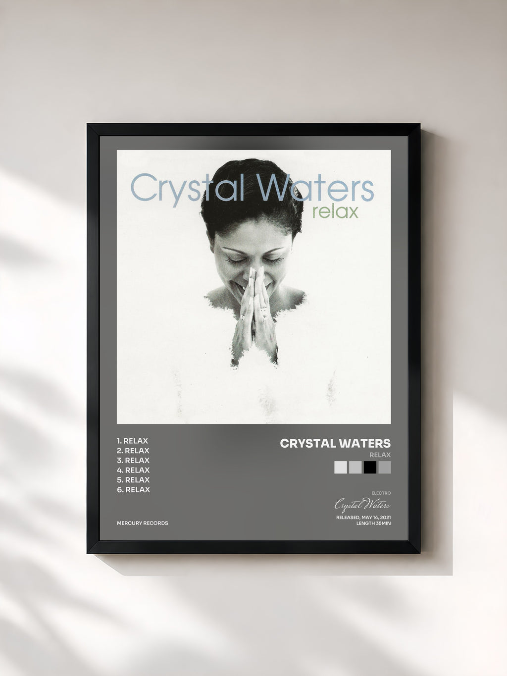 #noir Tableau de l'album Relax de Crystal Waters, cadre noir, imprimé et encadré en France