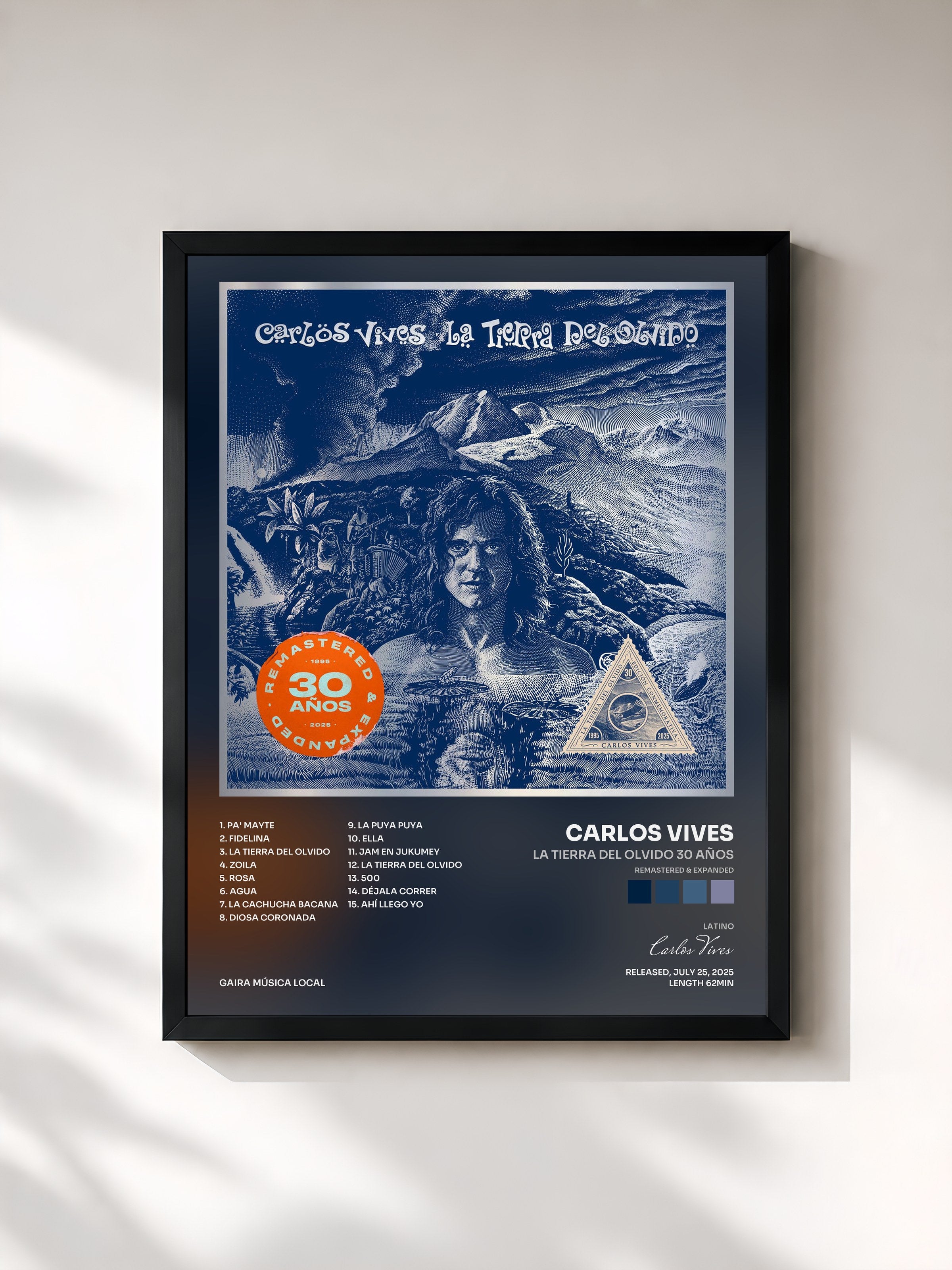 #noir Tableau de l'album La Tierra del Olvido 30 Años (Remastered & Expanded) de Carlos Vives, cadre noir, imprimé et encadré en France