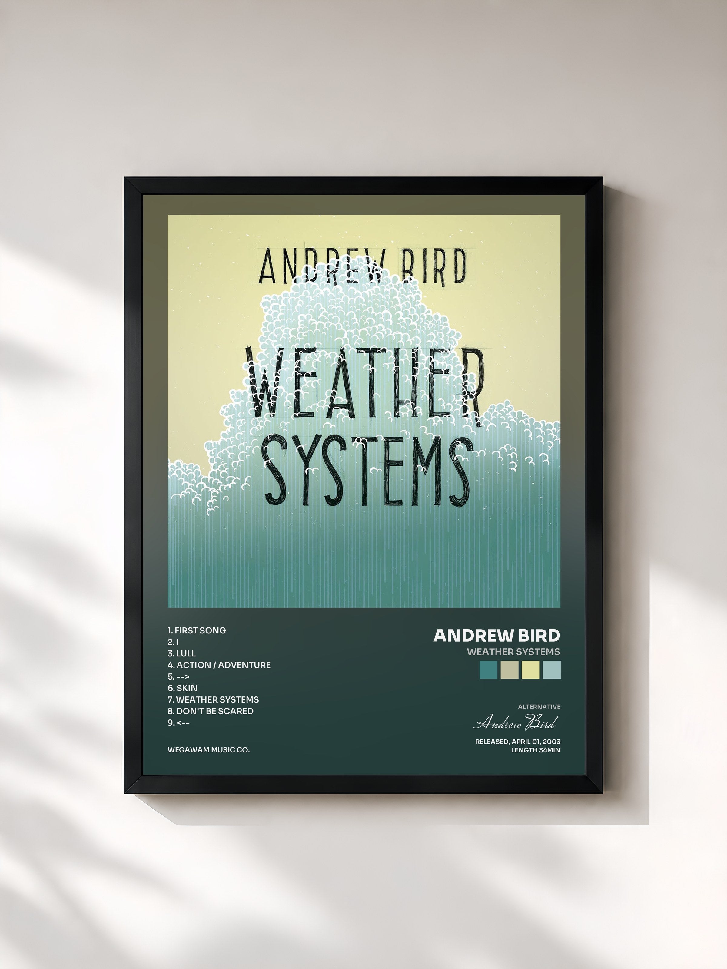 #noir Tableau de l'album Weather Systems de Andrew Bird, cadre noir, imprimé et encadré en France