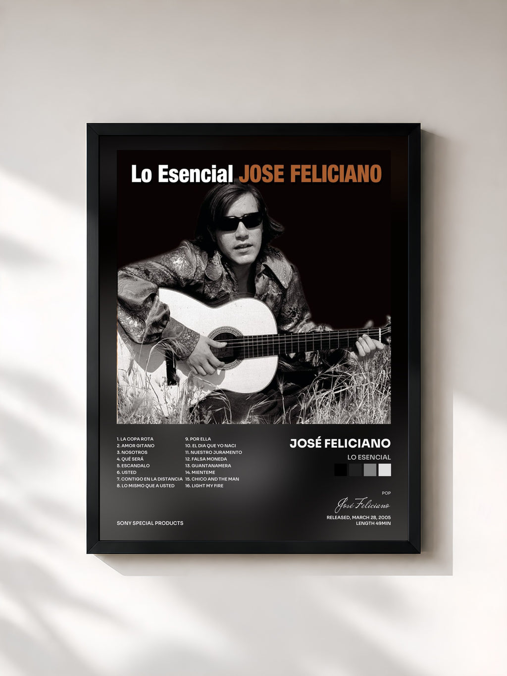 #noir Tableau de l'album Lo Esencial de José Feliciano, cadre noir, imprimé et encadré en France