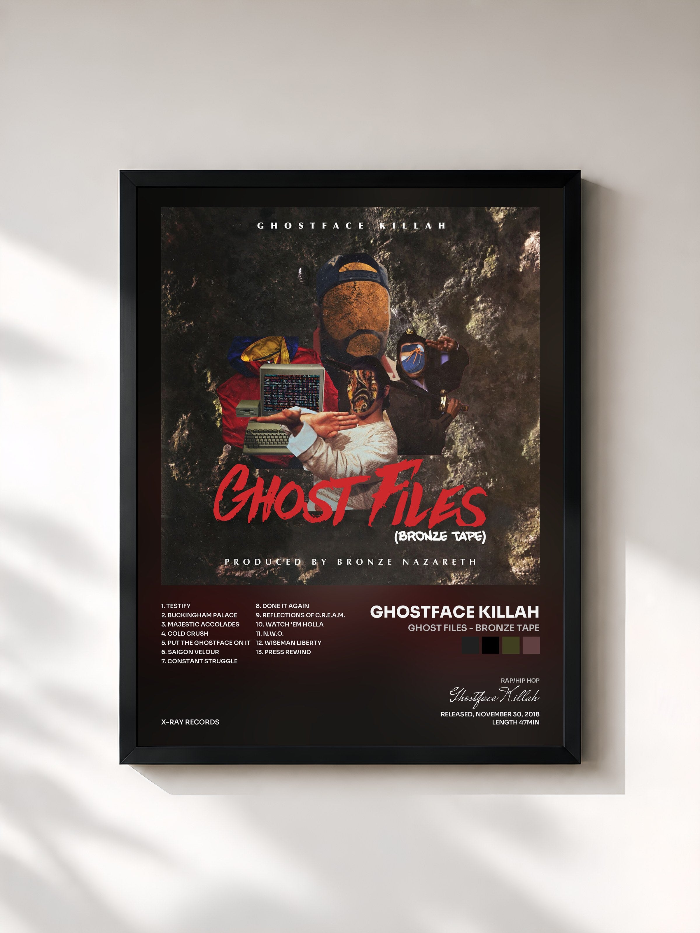 #noir Tableau de l'album Ghost Files - Bronze Tape de Ghostface Killah, cadre noir, imprimé et encadré en France
