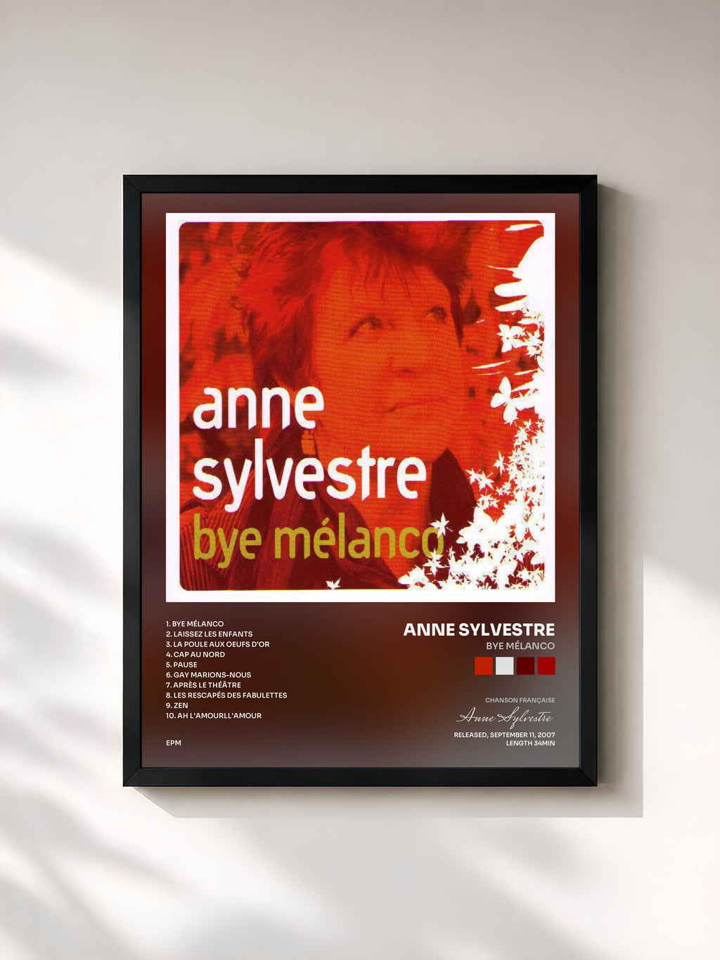 #noir Tableau de l'album Bye mélanco de Anne Sylvestre, cadre noir, imprimé et encadré en France