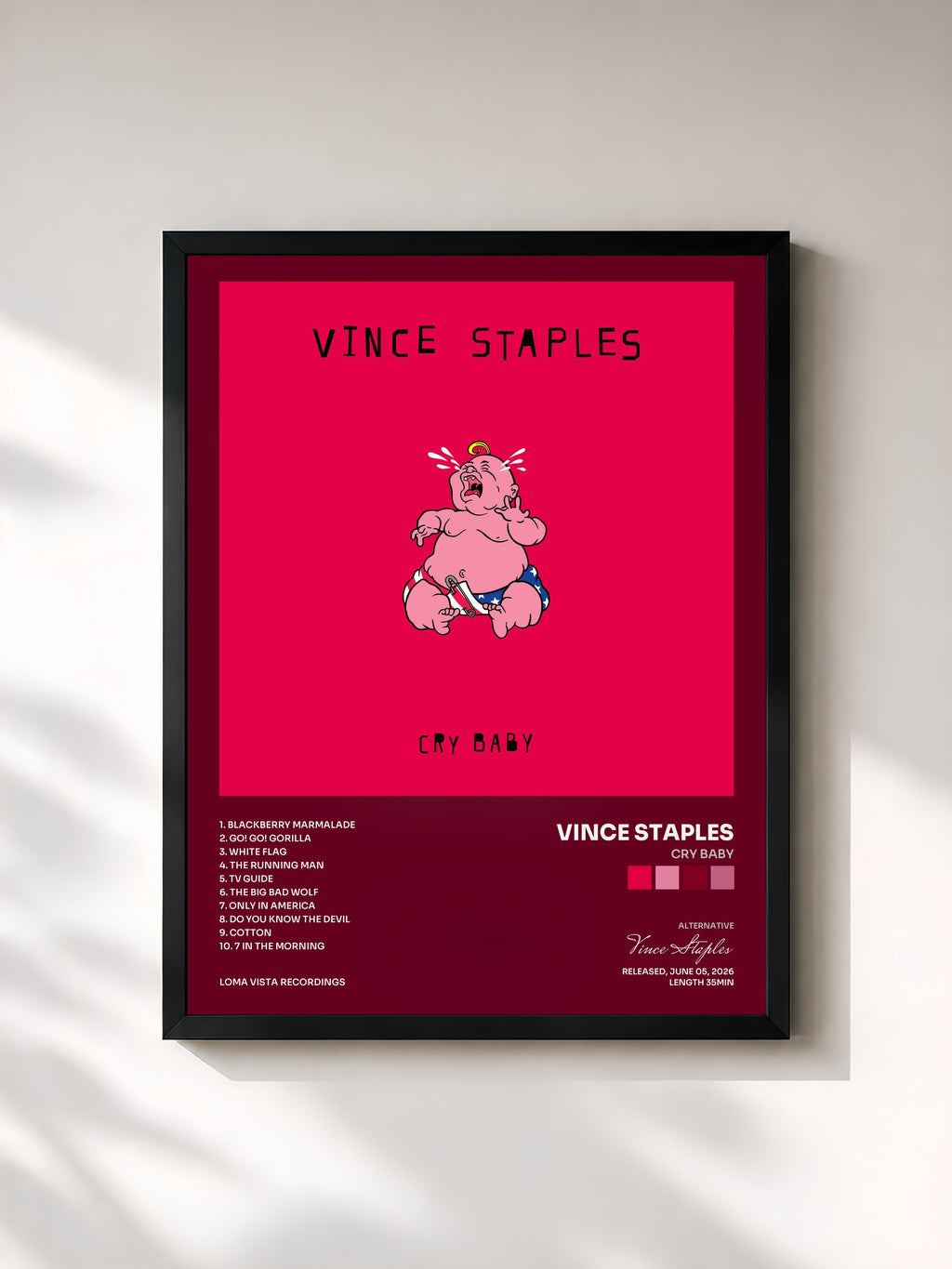 #noir Tableau de l'album Cry Baby de Vince Staples, cadre noir, imprimé et encadré en France