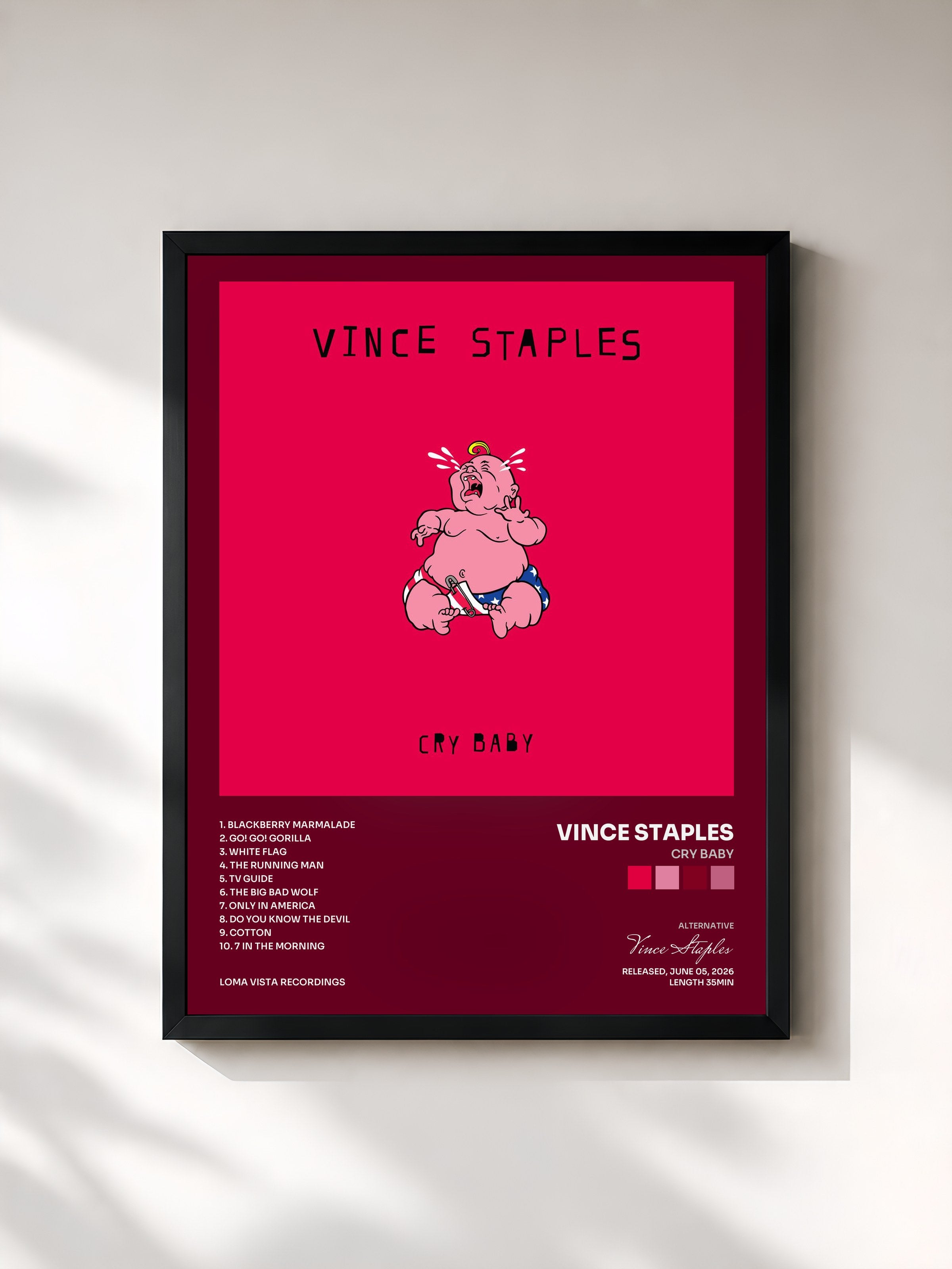 #noir Tableau de l'album Cry Baby de Vince Staples, cadre noir, imprimé et encadré en France