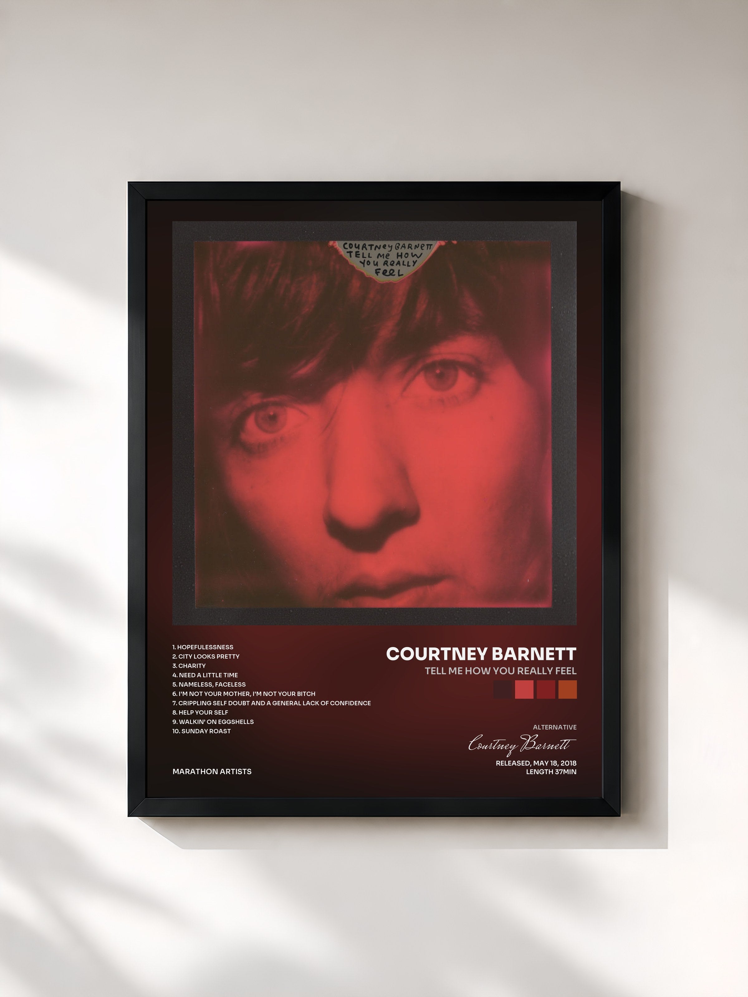 #noir Tableau de l'album Tell Me How You Really Feel de Courtney Barnett, cadre noir, imprimé et encadré en France