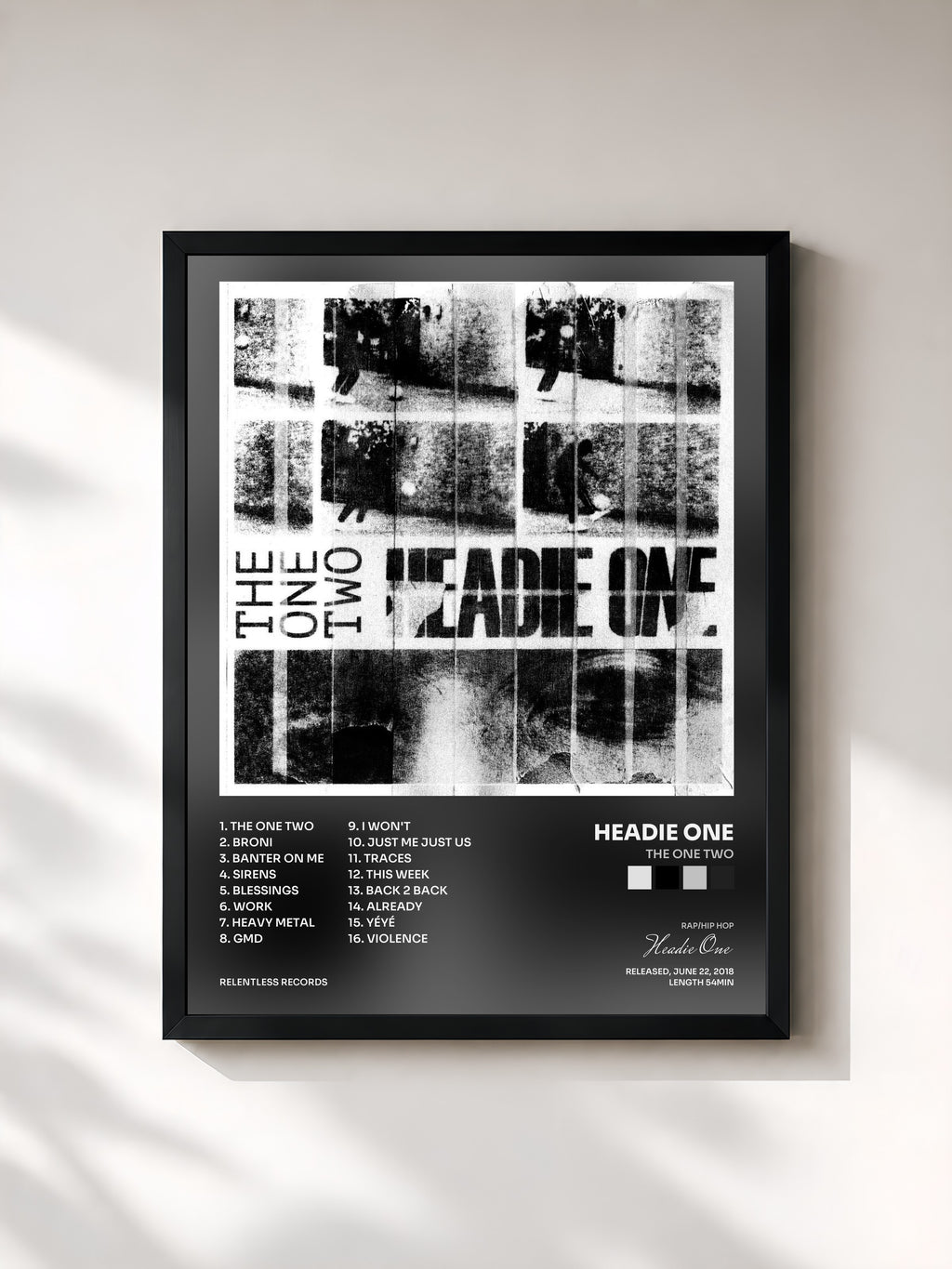 #noir Tableau de l'album The One Two de Headie One, cadre noir, imprimé et encadré en France