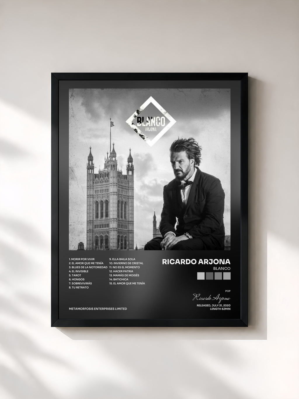 #noir Tableau de l'album Blanco de Ricardo Arjona, cadre noir, imprimé et encadré en France