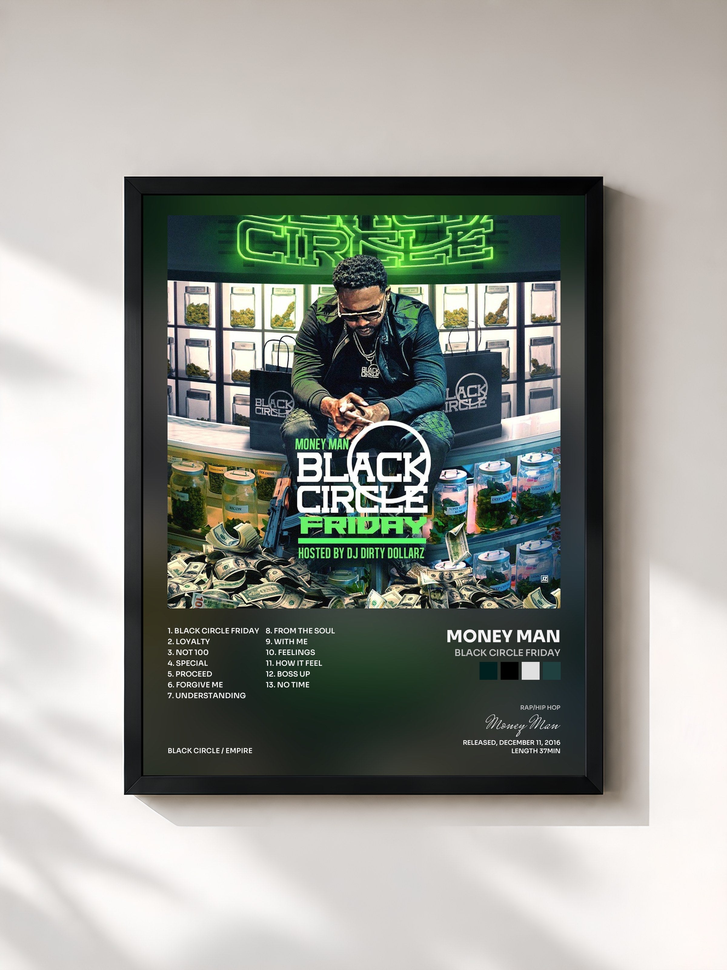 #noir Tableau de l'album Black Circle Friday de Money Man, cadre noir, imprimé et encadré en France