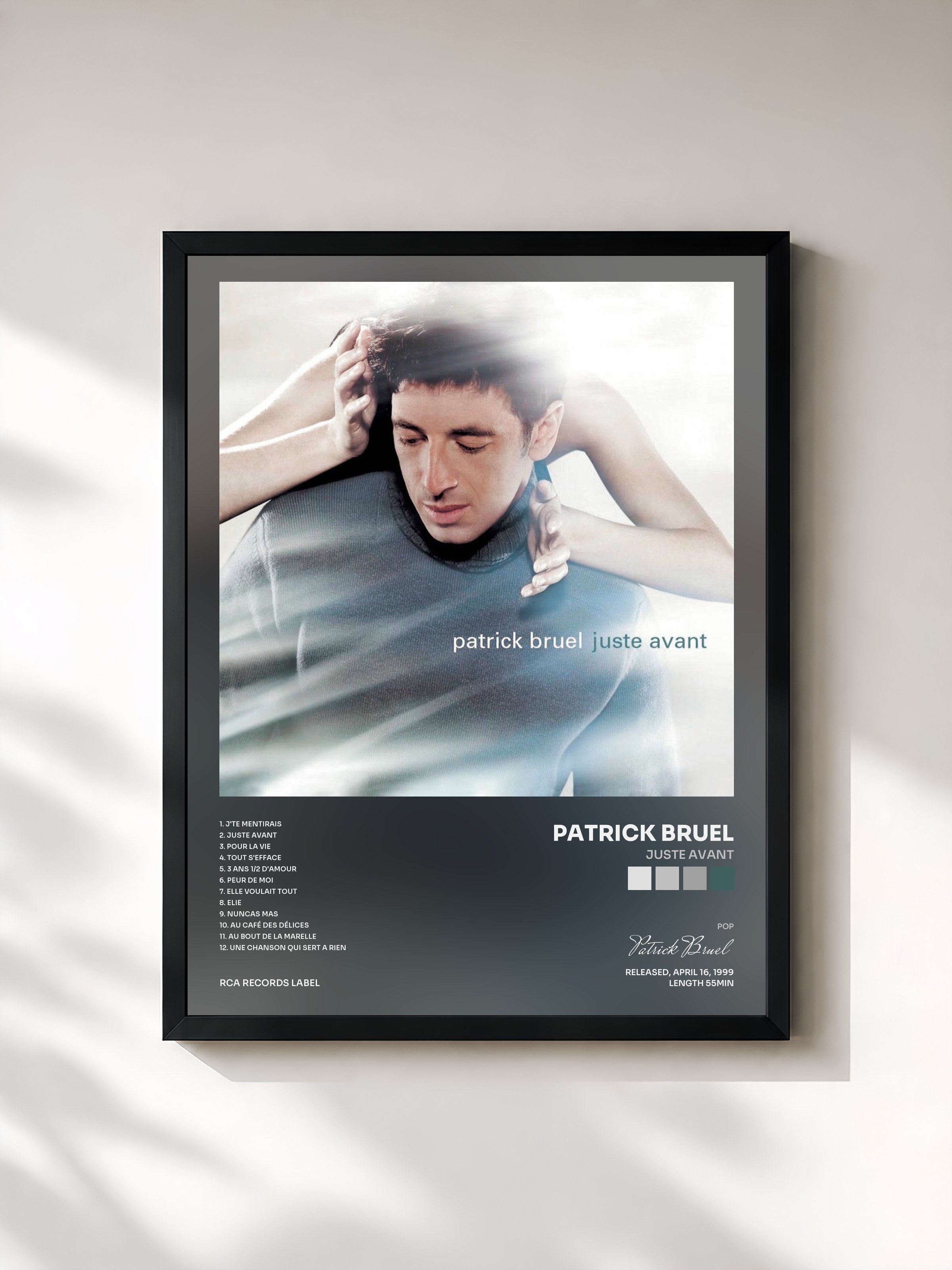 #noir Tableau de l'album Juste Avant de Patrick Bruel, cadre noir, imprimé et encadré en France