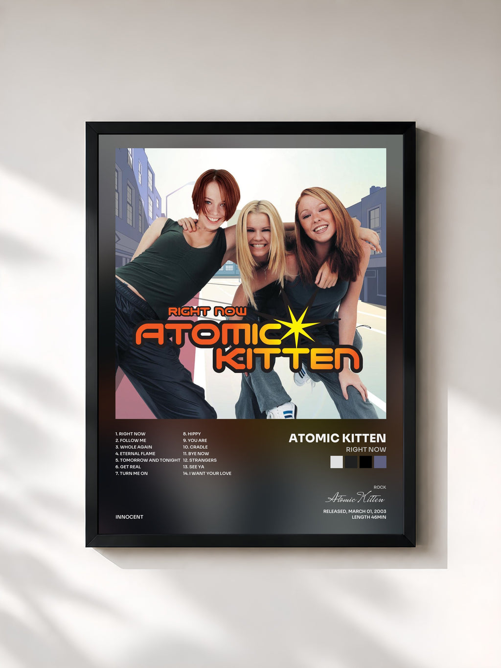 #noir Tableau de l'album Right Now de Atomic Kitten, cadre noir, imprimé et encadré en France