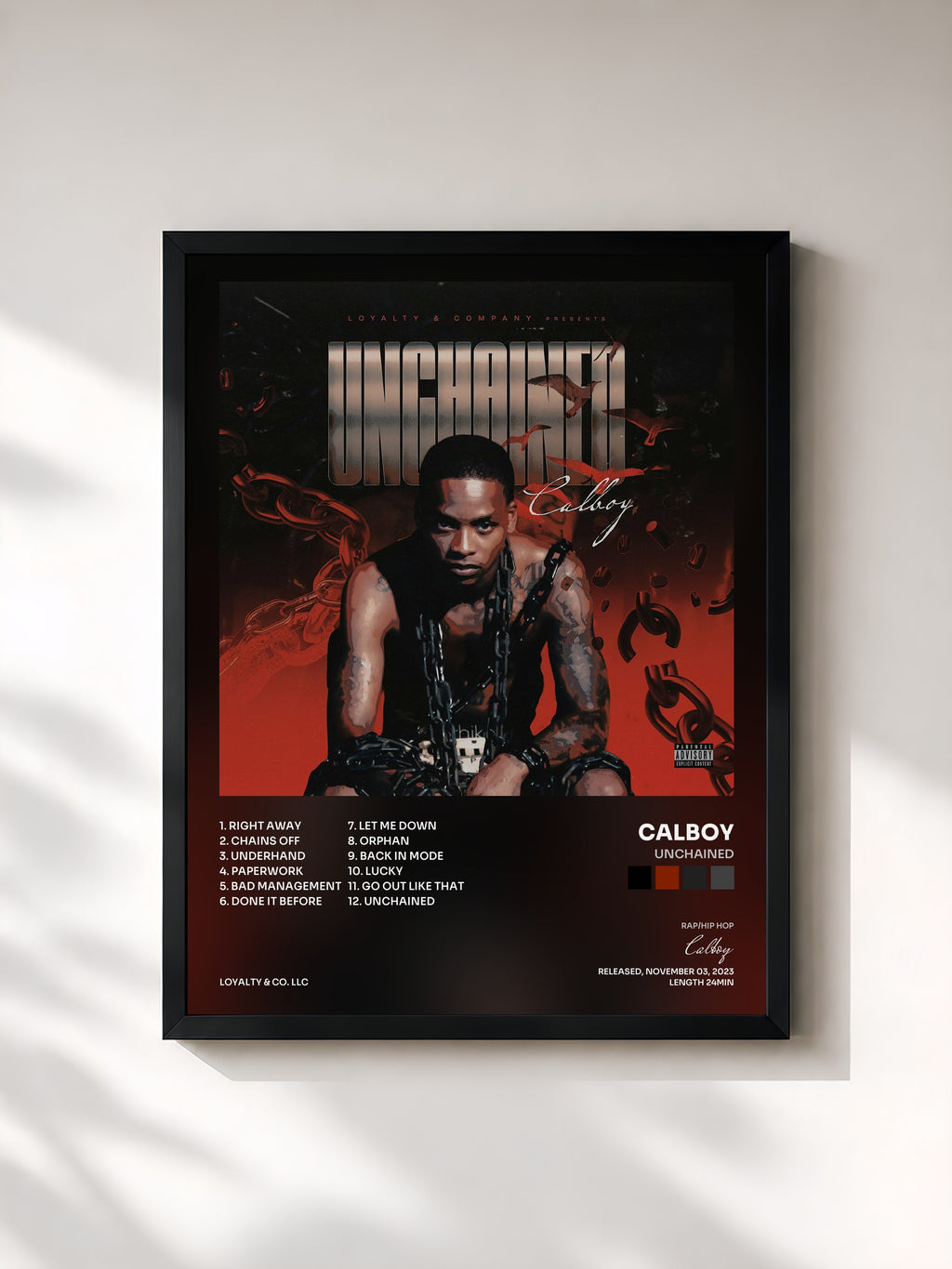 #noir Tableau de l'album UNCHAINED de Calboy, cadre noir, imprimé et encadré en France