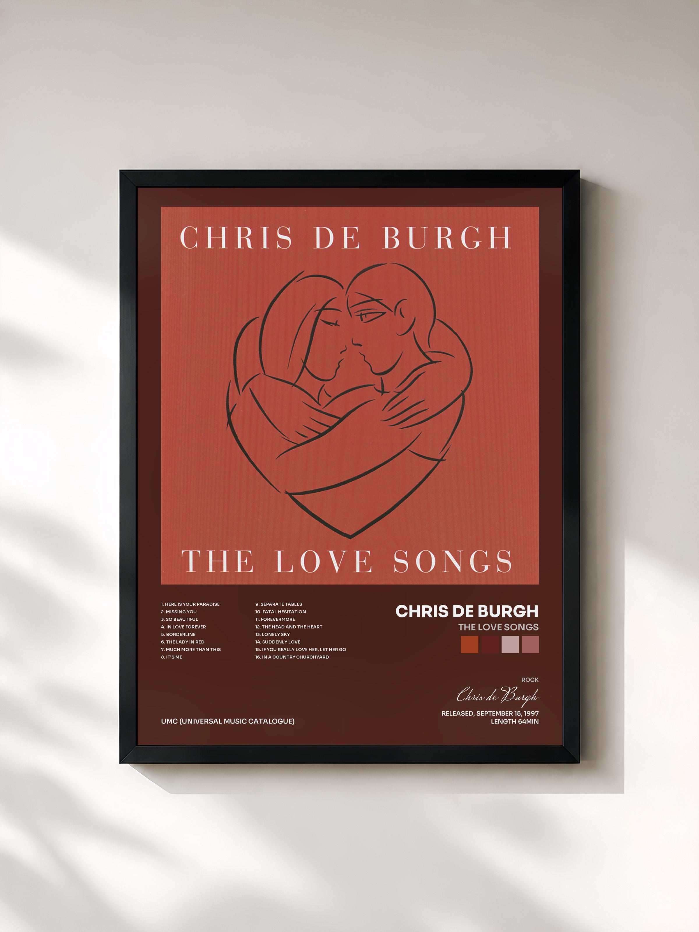 #noir Tableau de l'album The Love Songs de Chris de Burgh, cadre noir, imprimé et encadré en France