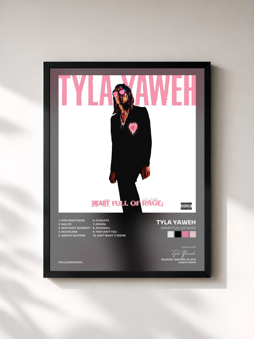 #noir Tableau de l'album Heart Full of Rage de Tyla Yaweh, cadre noir, imprimé et encadré en France