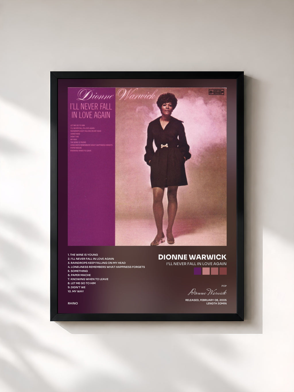 #noir Tableau de l'album I'll Never Fall in Love Again de Dionne Warwick, cadre noir, imprimé et encadré en France