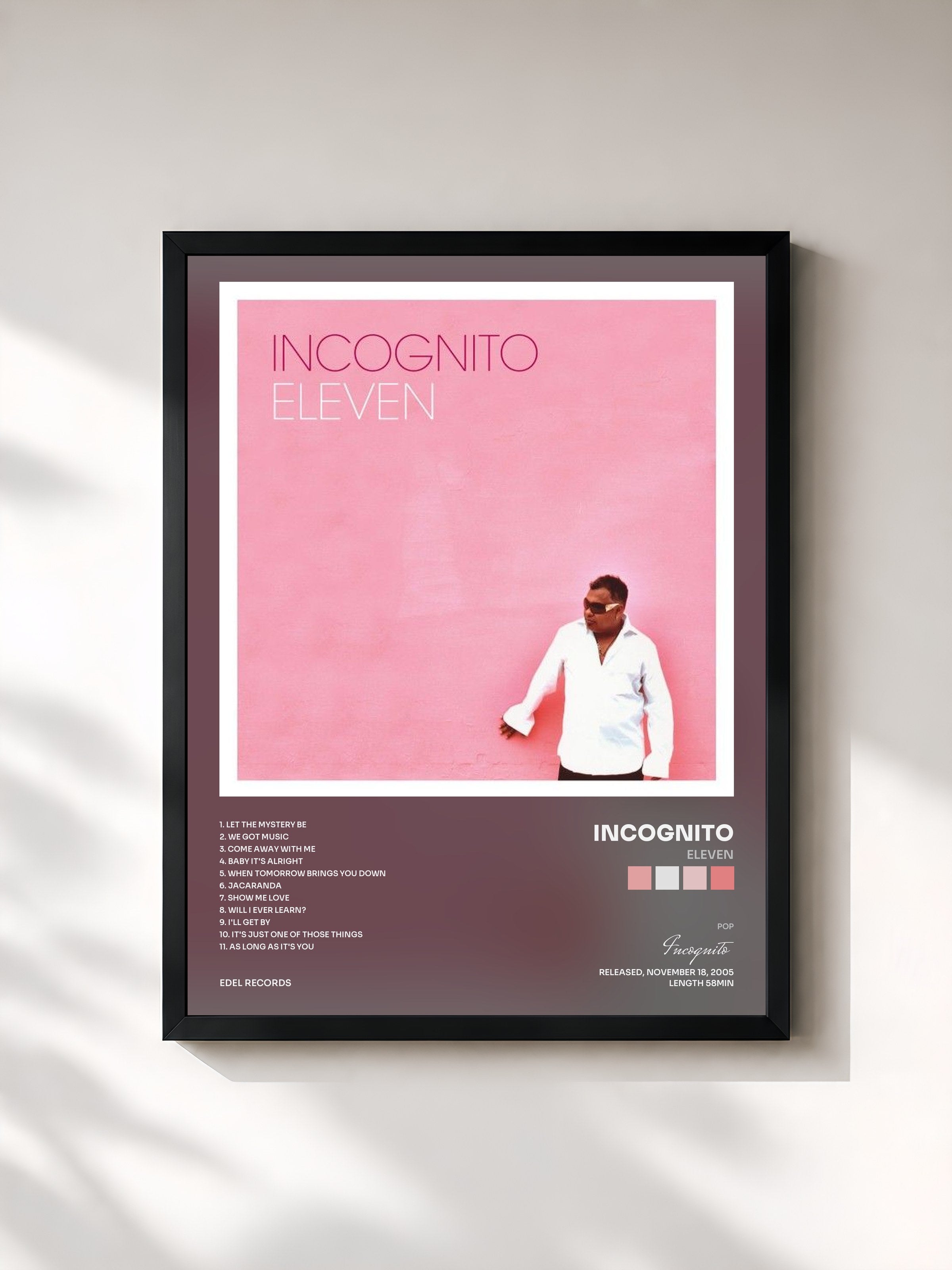 #noir Tableau de l'album Eleven de Incognito, cadre noir, imprimé et encadré en France