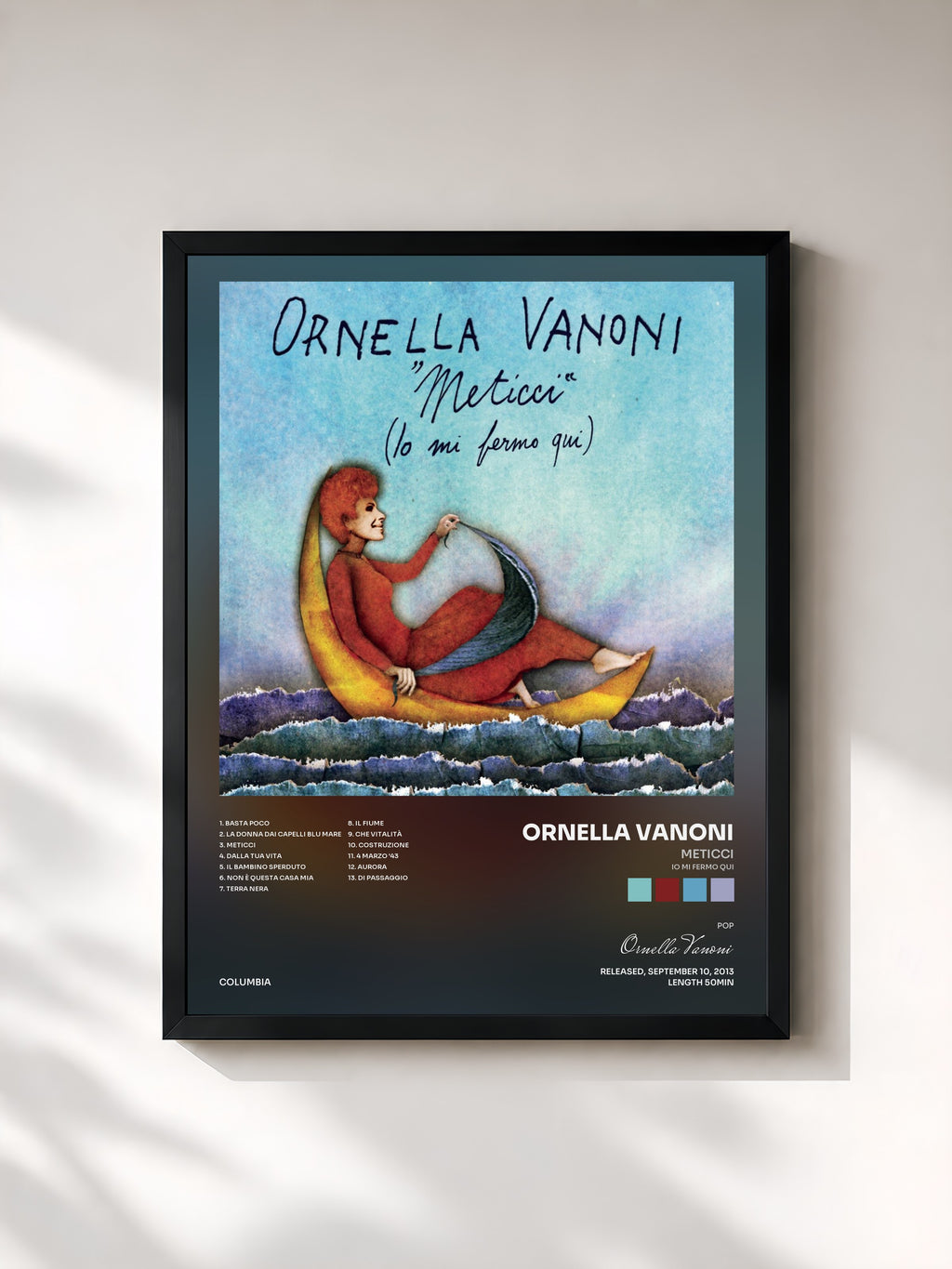 #noir Tableau de l'album Meticci (Io mi fermo qui) de Ornella Vanoni, cadre noir, imprimé et encadré en France