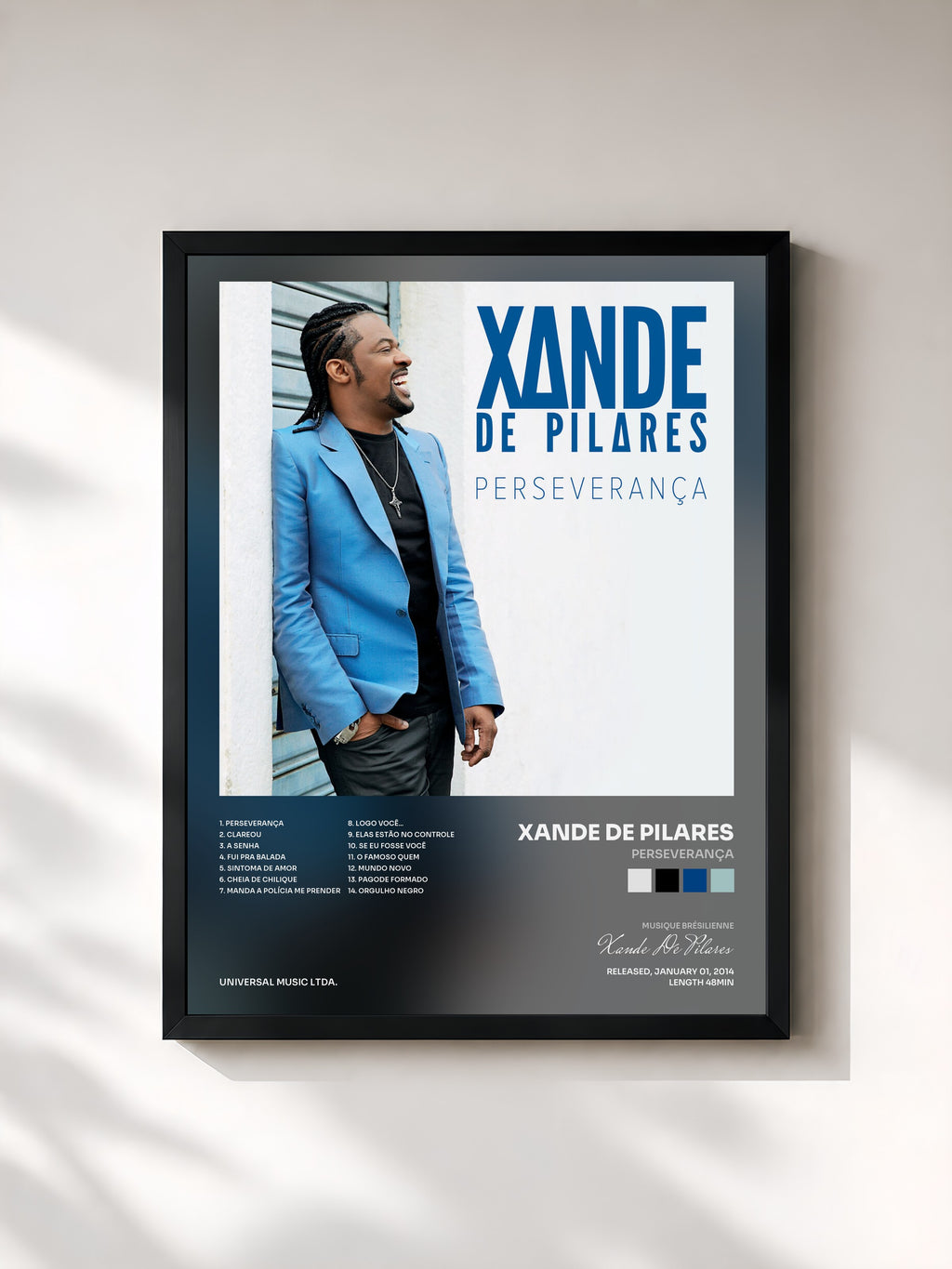 #noir Tableau de l'album Perseverança de Xande De Pilares, cadre noir, imprimé et encadré en France