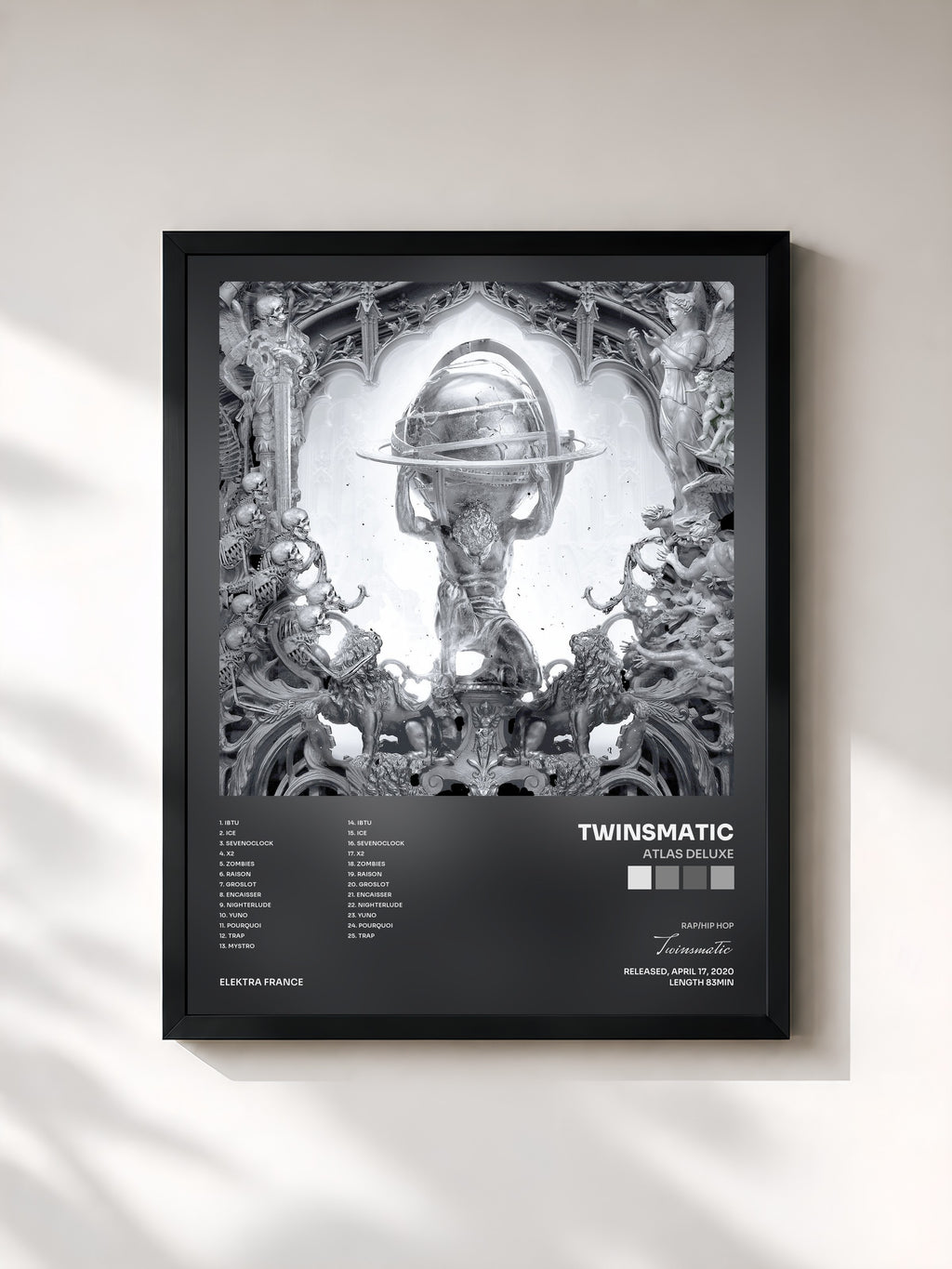 #noir Tableau de l'album ATLAS DELUXE de Twinsmatic, cadre noir, imprimé et encadré en France