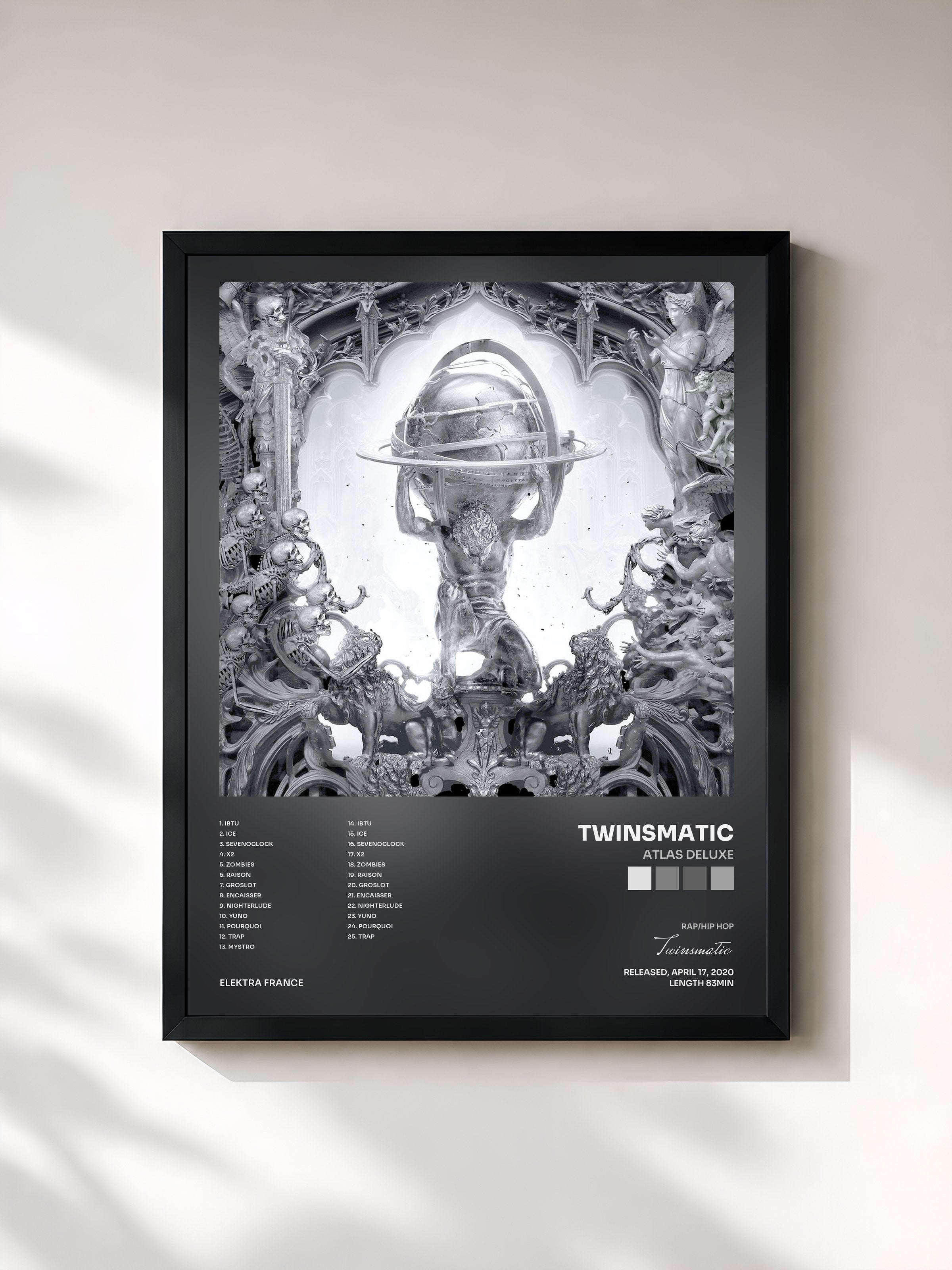 #noir Tableau de l'album ATLAS DELUXE de Twinsmatic, cadre noir, imprimé et encadré en France