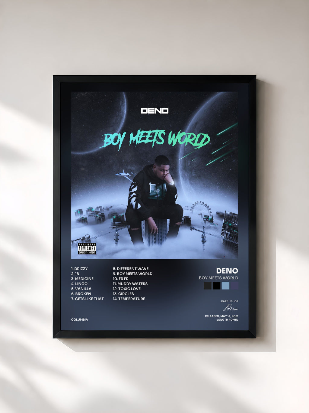 #noir Tableau de l'album Boy Meets World de Deno, cadre noir, imprimé et encadré en France