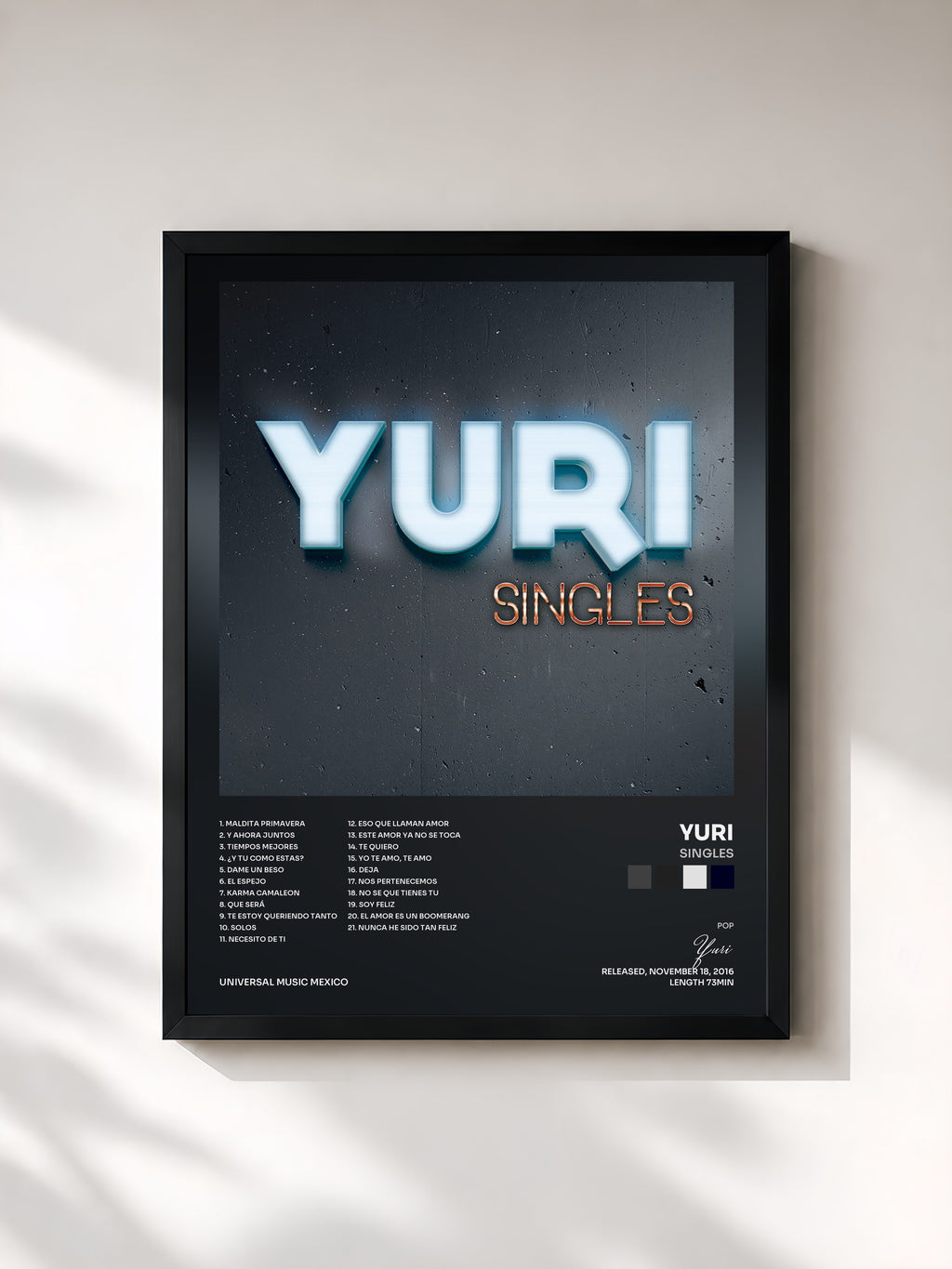 #noir Tableau de l'album Singles de Yuri, cadre noir, imprimé et encadré en France