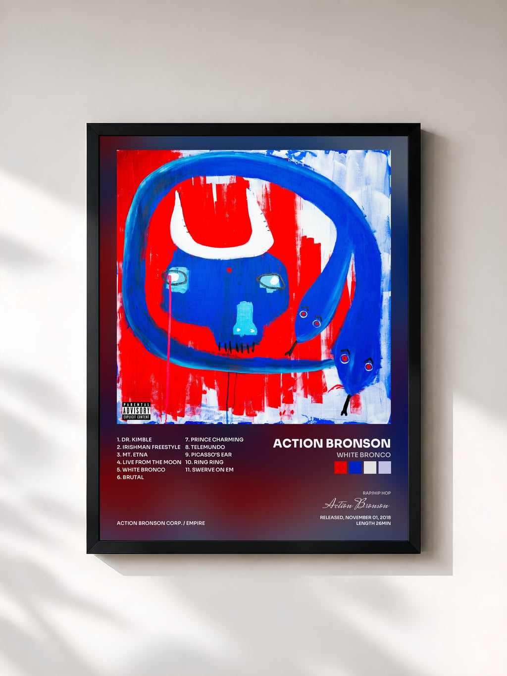 #noir Tableau de l'album White Bronco de Action Bronson, cadre noir, imprimé et encadré en France