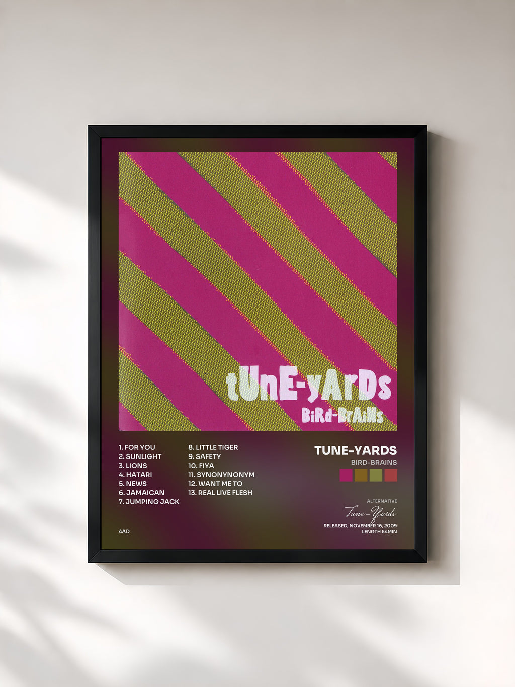 #noir Tableau de l'album Bird-Brains de Tune-Yards, cadre noir, imprimé et encadré en France