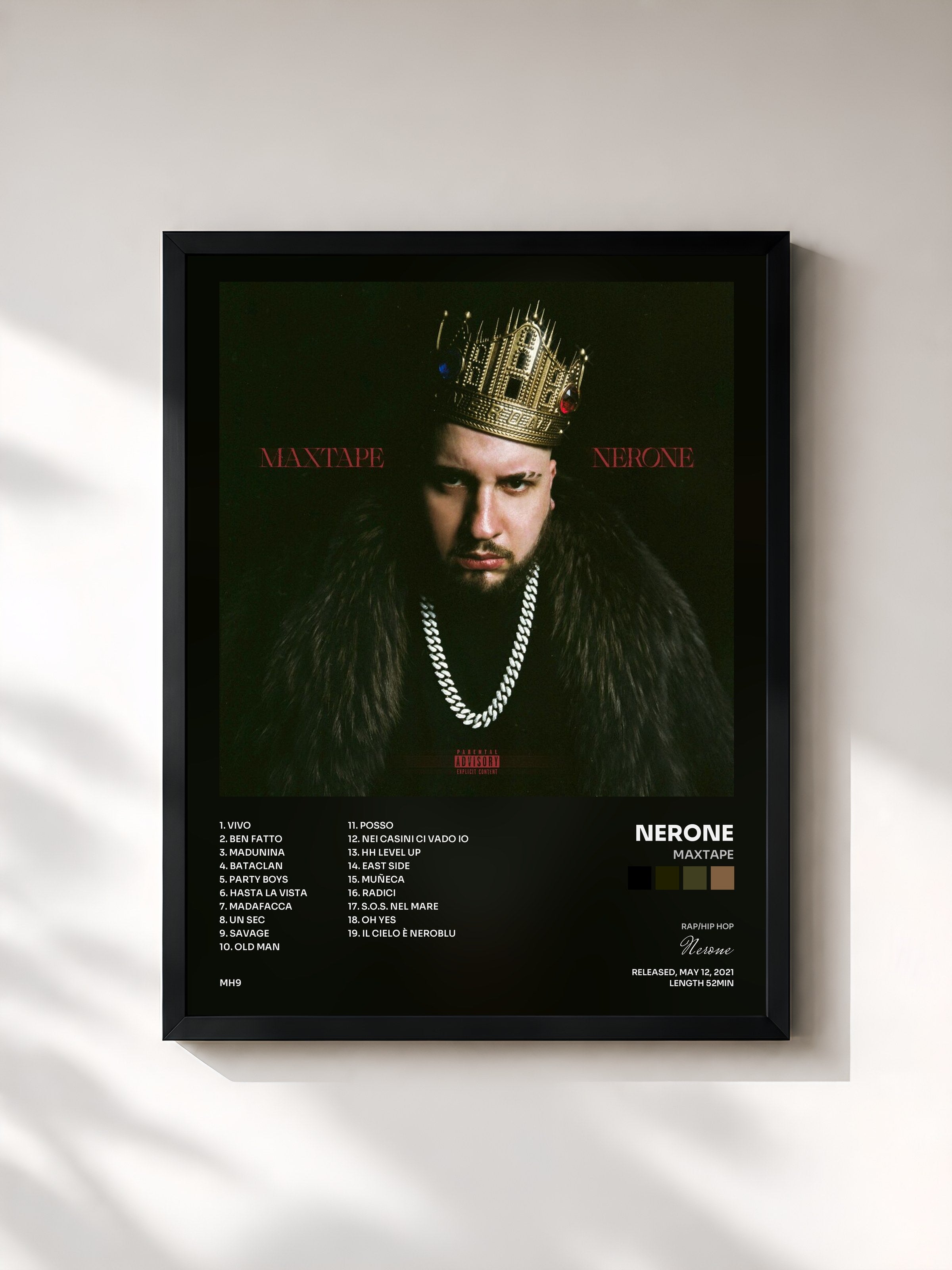 #noir Tableau de l'album MAXTAPE de Nerone, cadre noir, imprimé et encadré en France