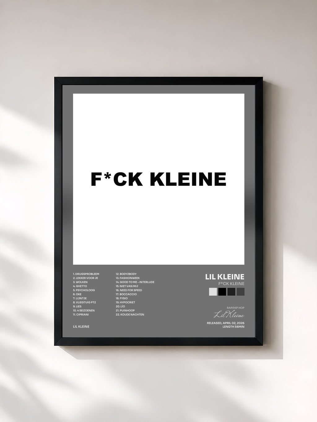 #noir Tableau de l'album F*CK KLEINE de Lil Kleine, cadre noir, imprimé et encadré en France