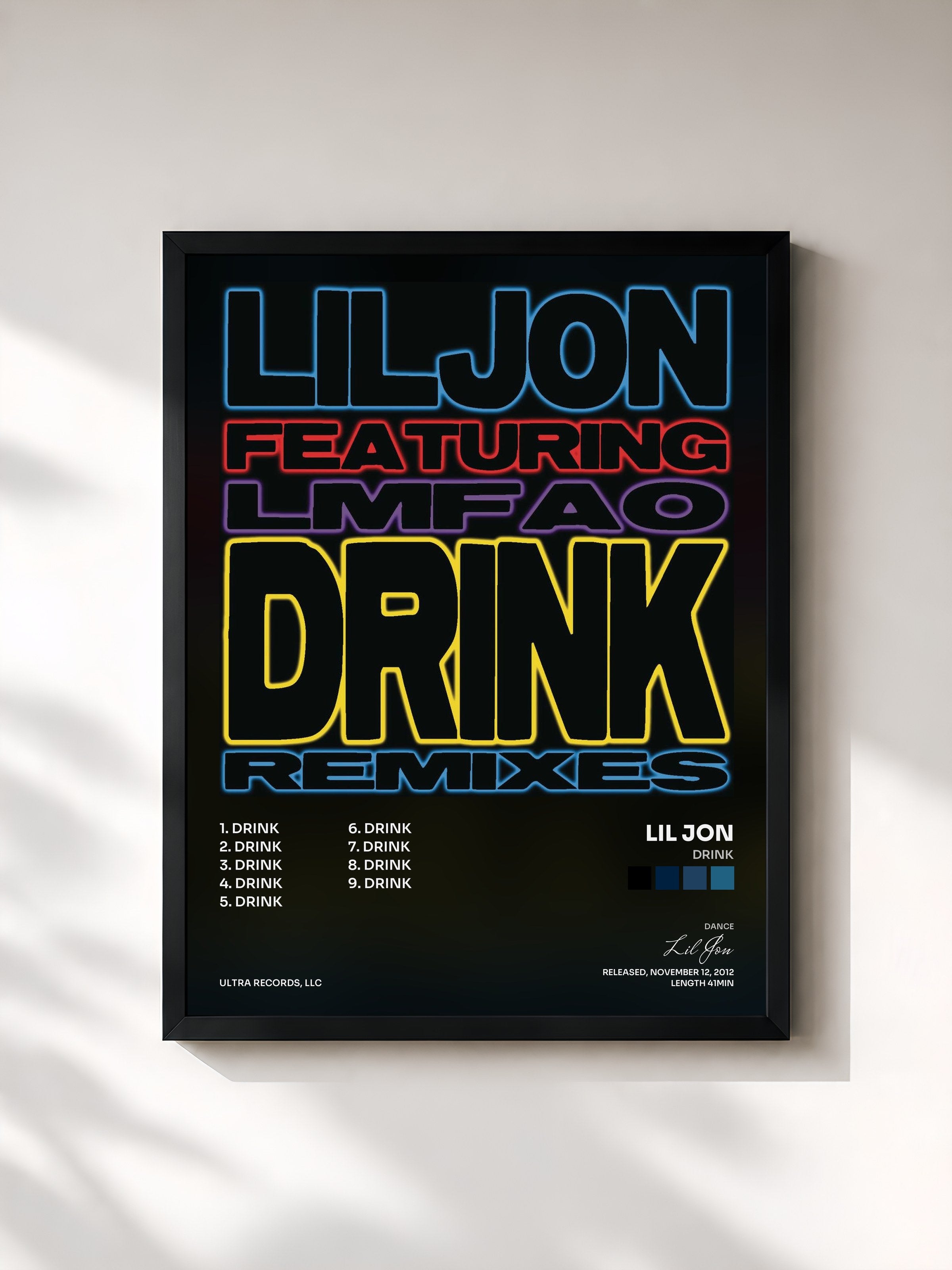 #noir Tableau de l'album Drink de Lil Jon, cadre noir, imprimé et encadré en France