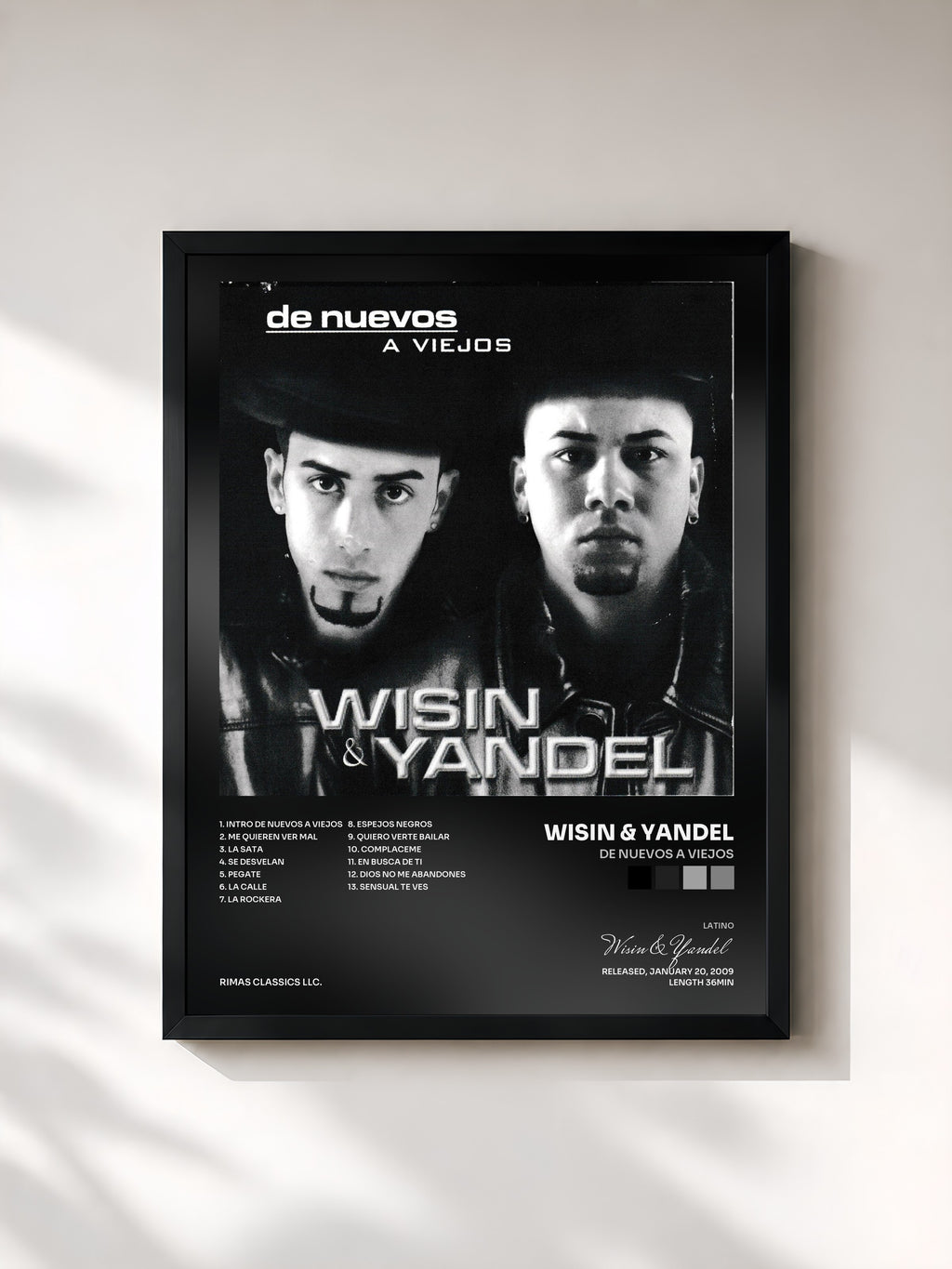 #noir Tableau de l'album De Nuevos a Viejos de Wisin & Yandel, cadre noir, imprimé et encadré en France