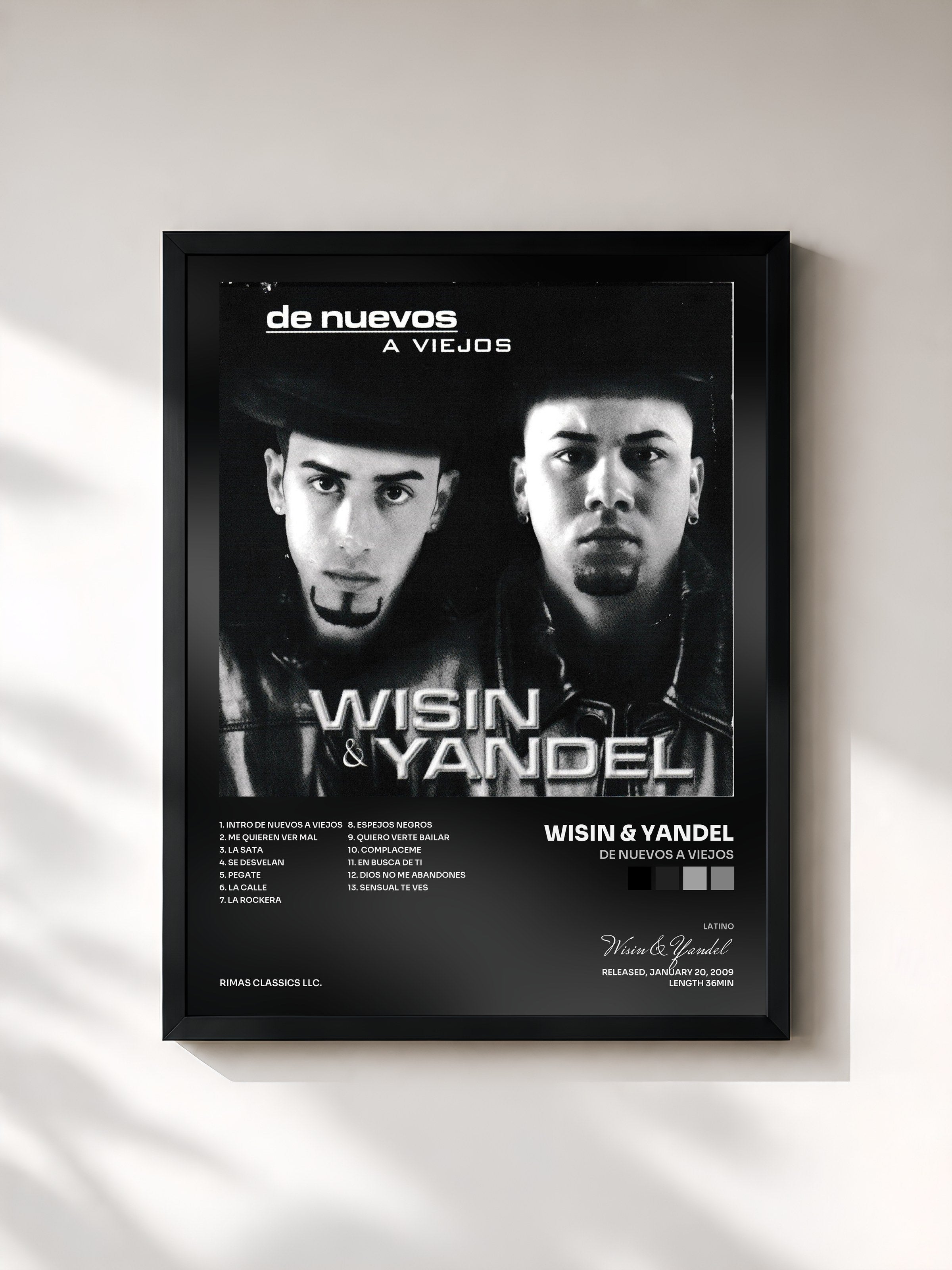 #noir Tableau de l'album De Nuevos a Viejos de Wisin & Yandel, cadre noir, imprimé et encadré en France