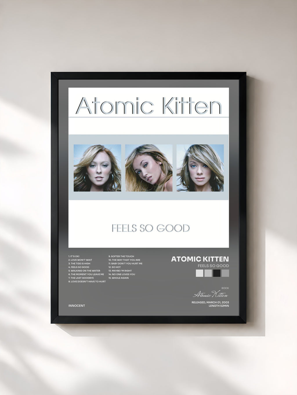 #noir Tableau de l'album Feels So Good de Atomic Kitten, cadre noir, imprimé et encadré en France