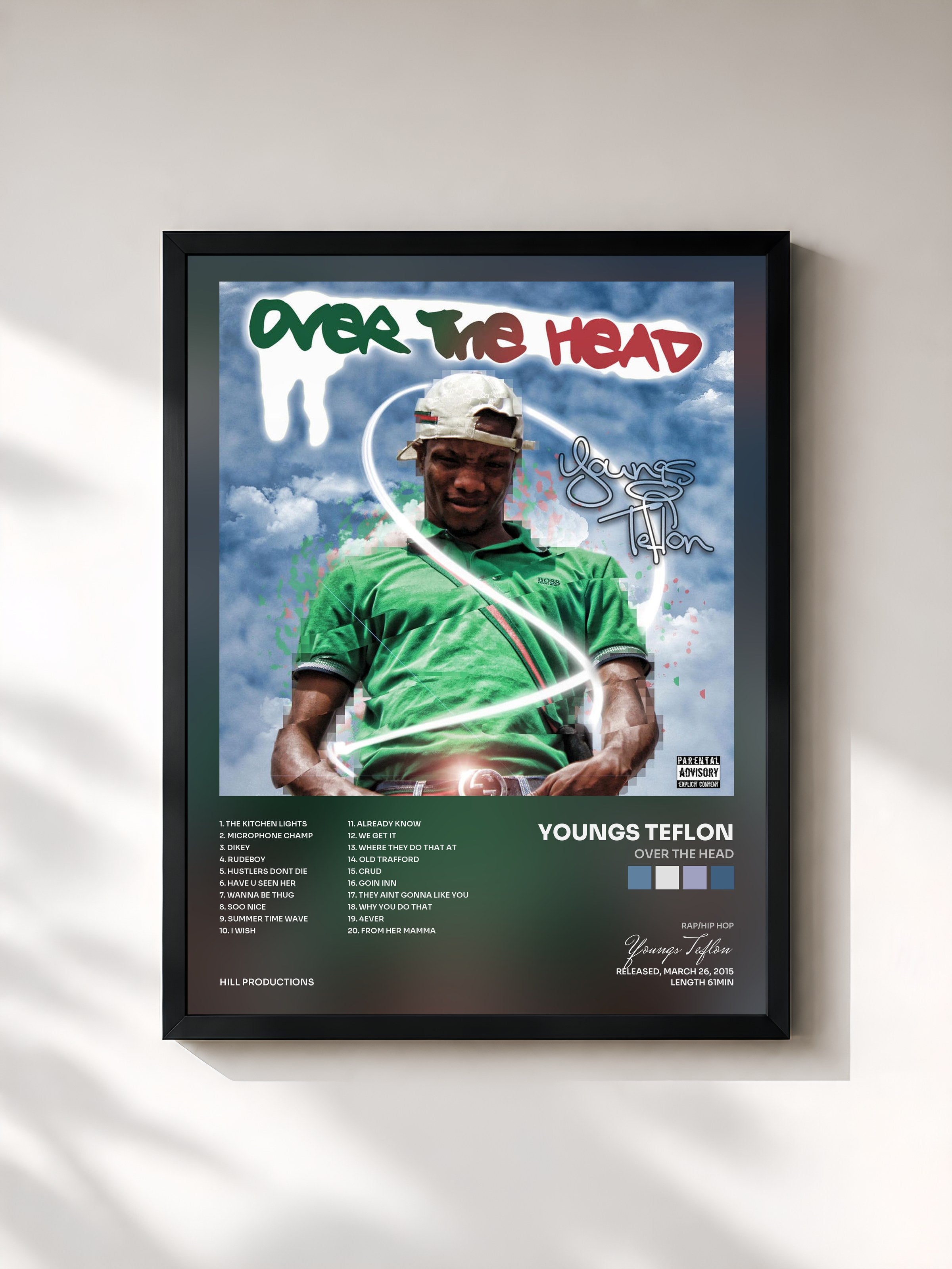 #noir Tableau de l'album Over the Head de Youngs Teflon, cadre noir, imprimé et encadré en France