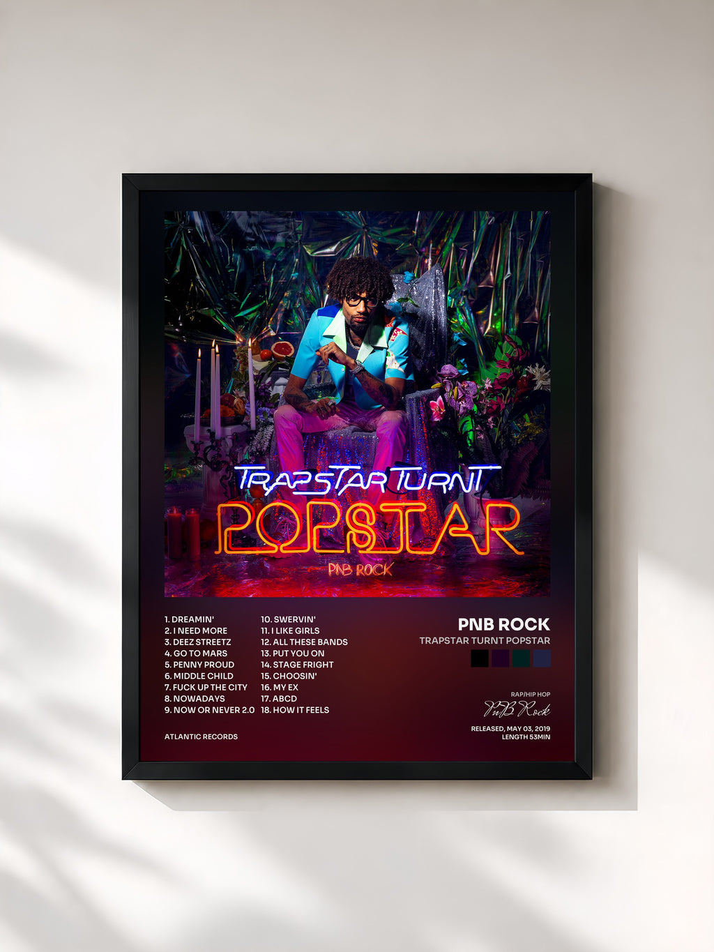#noir Tableau de l'album TrapStar Turnt PopStar de PnB Rock, cadre noir, imprimé et encadré en France