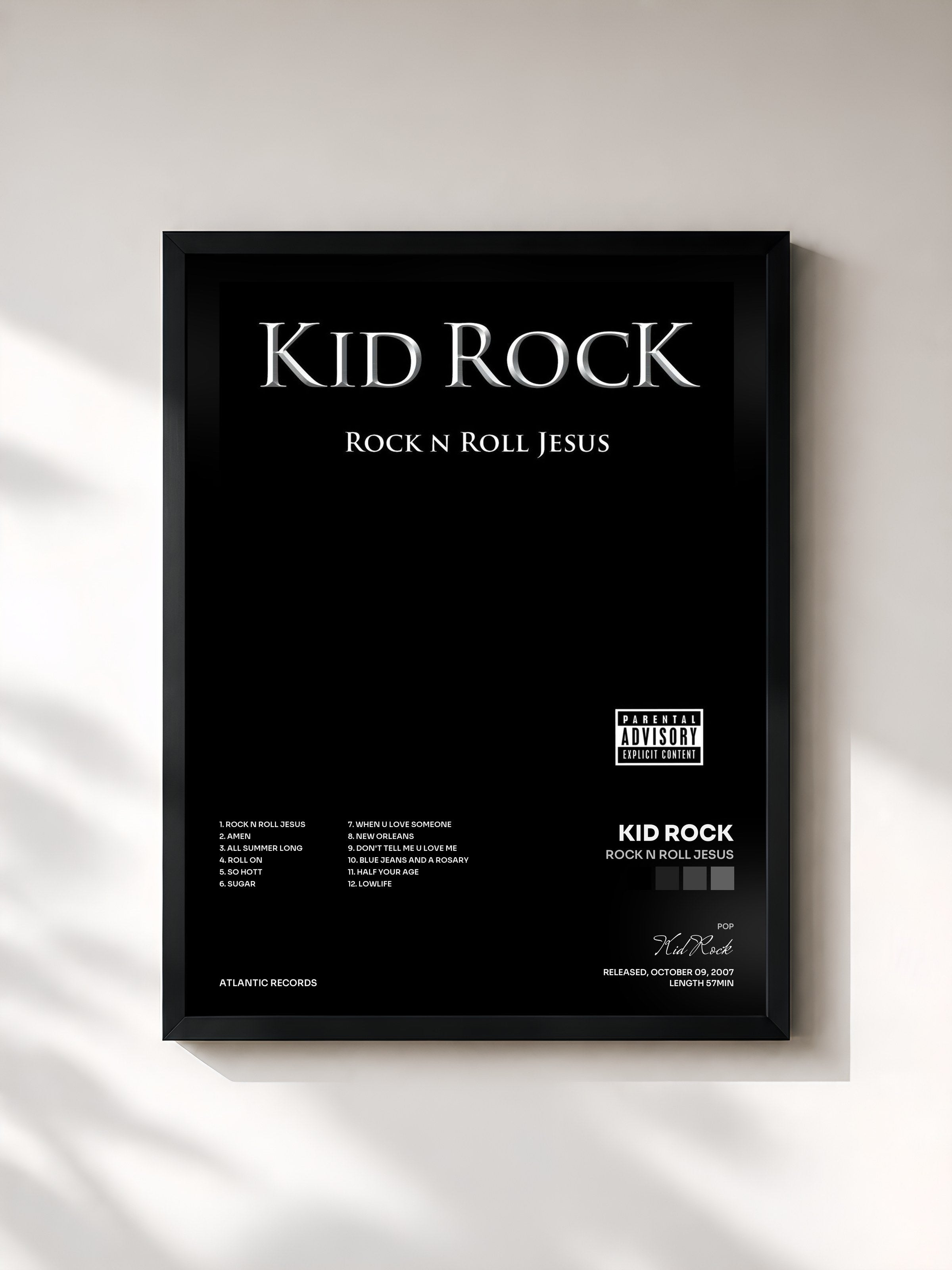 #noir Tableau de l'album Rock n Roll Jesus de Kid Rock, cadre noir, imprimé et encadré en France