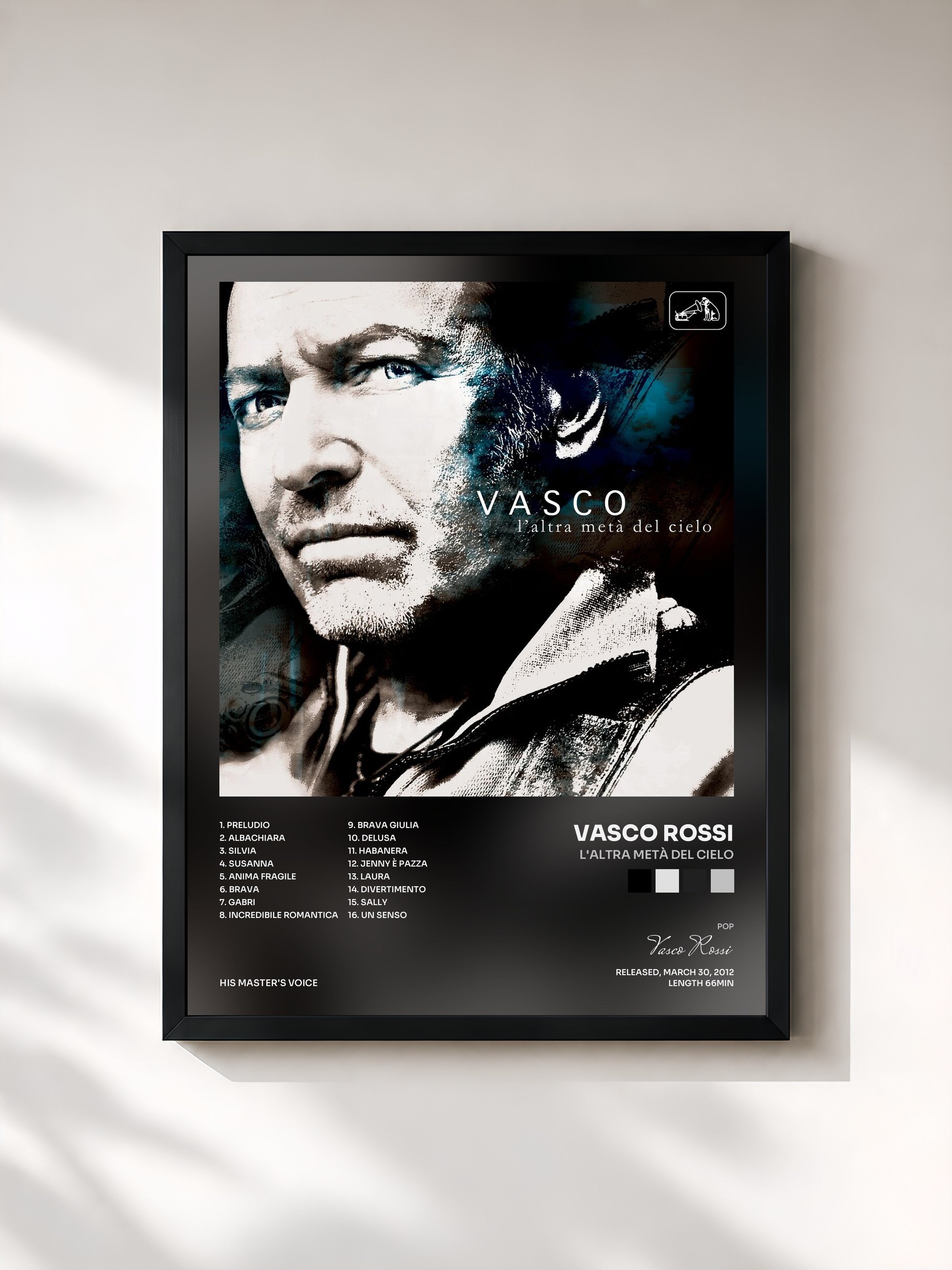 #noir Tableau de l'album L'altra Metà del Cielo de Vasco Rossi, cadre noir, imprimé et encadré en France
