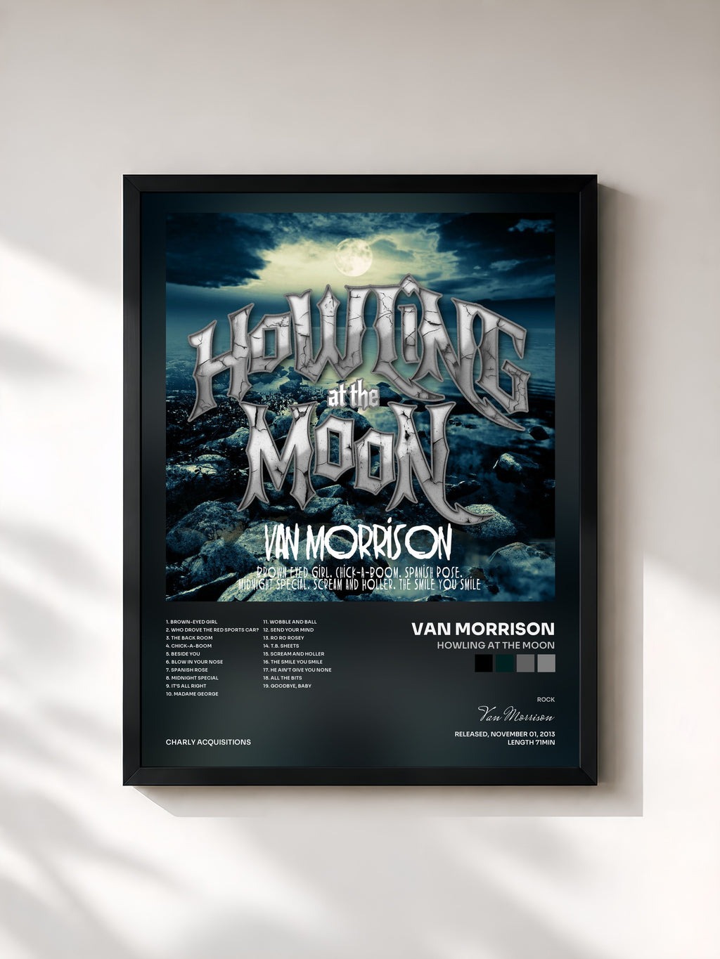 #noir Tableau de l'album Howling at the Moon de Van Morrison, cadre noir, imprimé et encadré en France