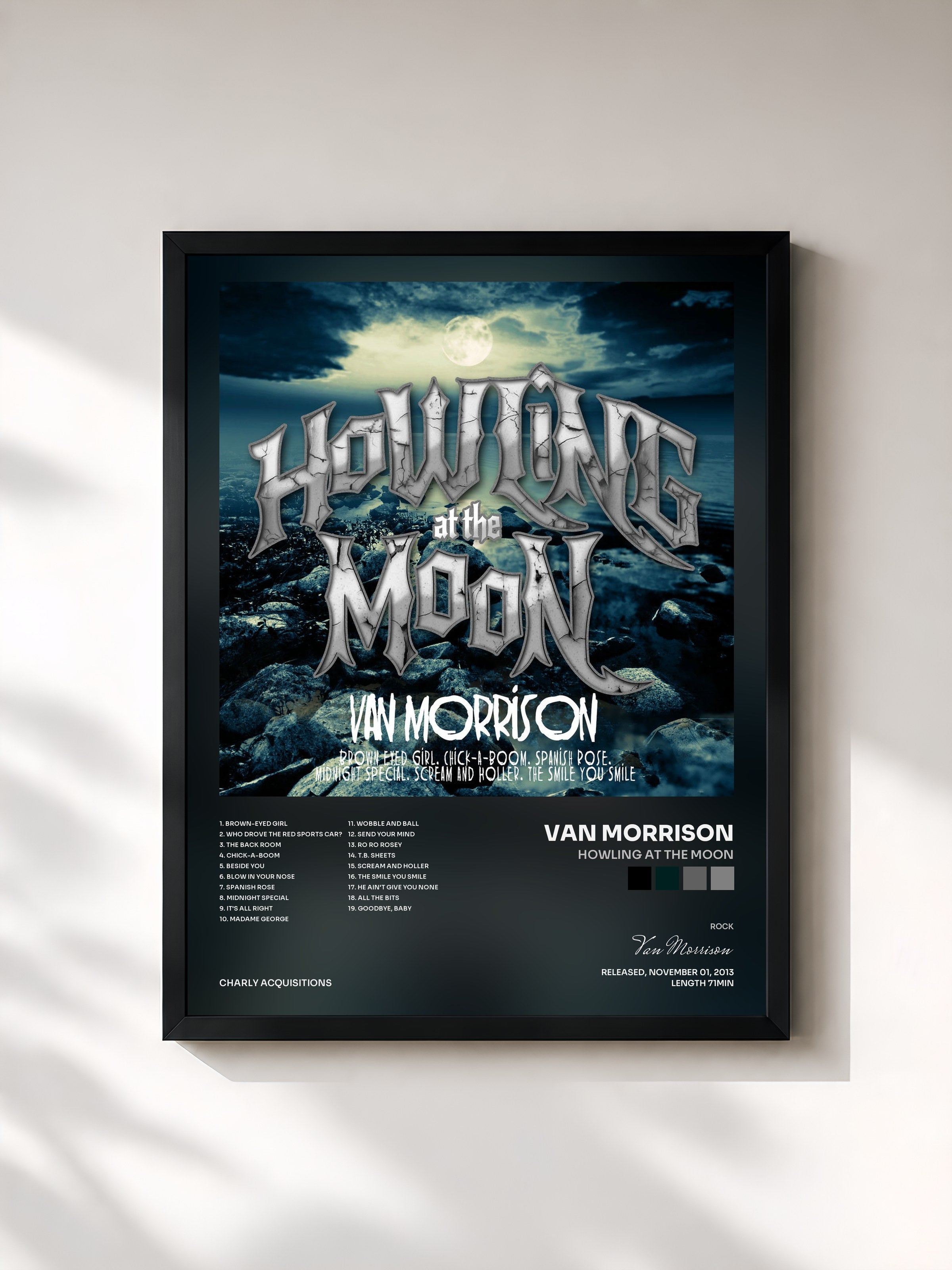 #noir Tableau de l'album Howling at the Moon de Van Morrison, cadre noir, imprimé et encadré en France