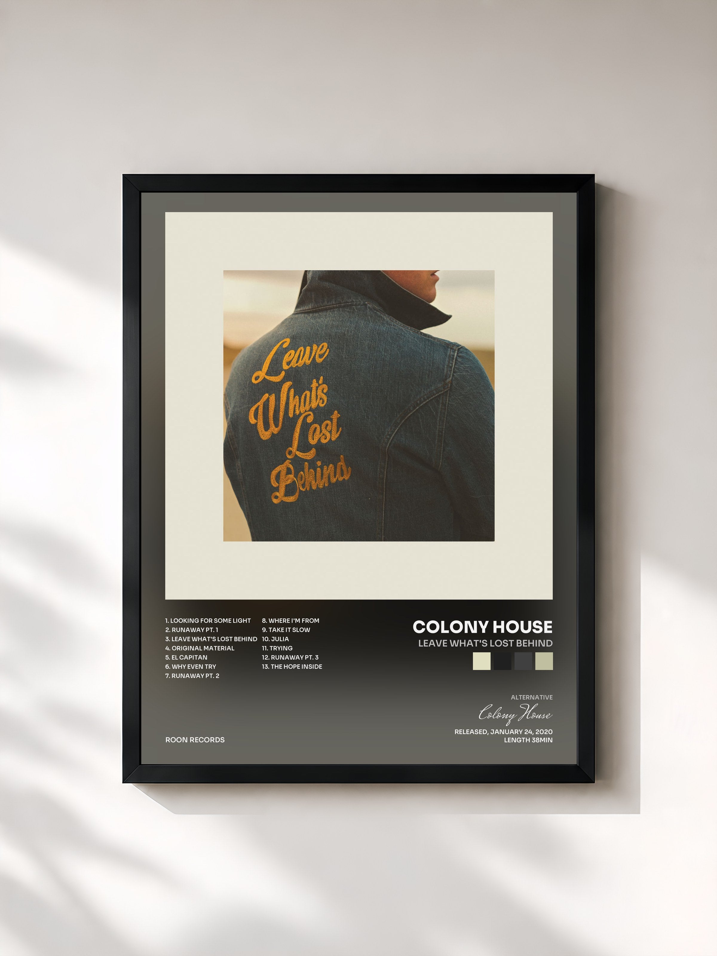#noir Tableau de l'album Leave What's Lost Behind de Colony House, cadre noir, imprimé et encadré en France