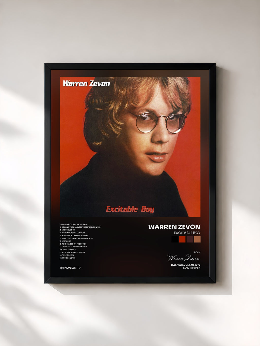 #noir Tableau de l'album Excitable Boy de Warren Zevon, cadre noir, imprimé et encadré en France
